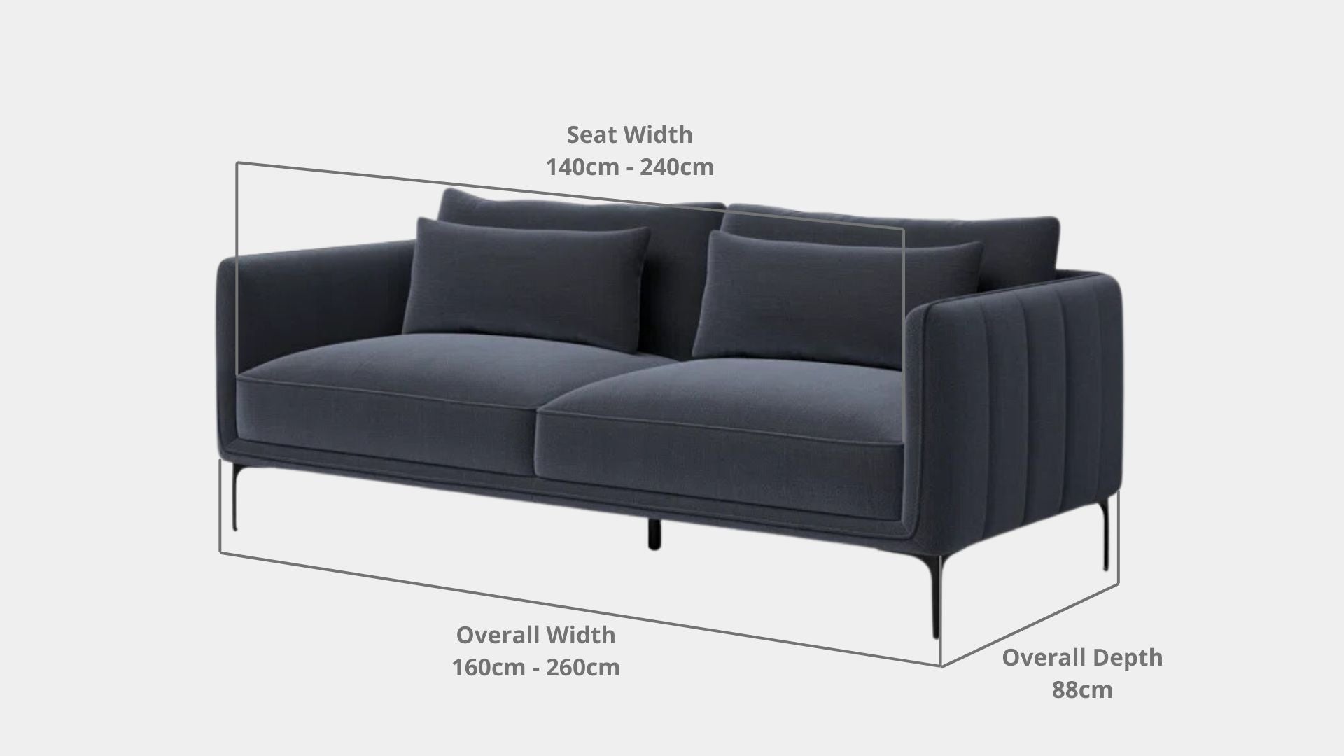 Details the key dimensions in terms of overall width, overall depth and seat width for Casper Fabric Sofa