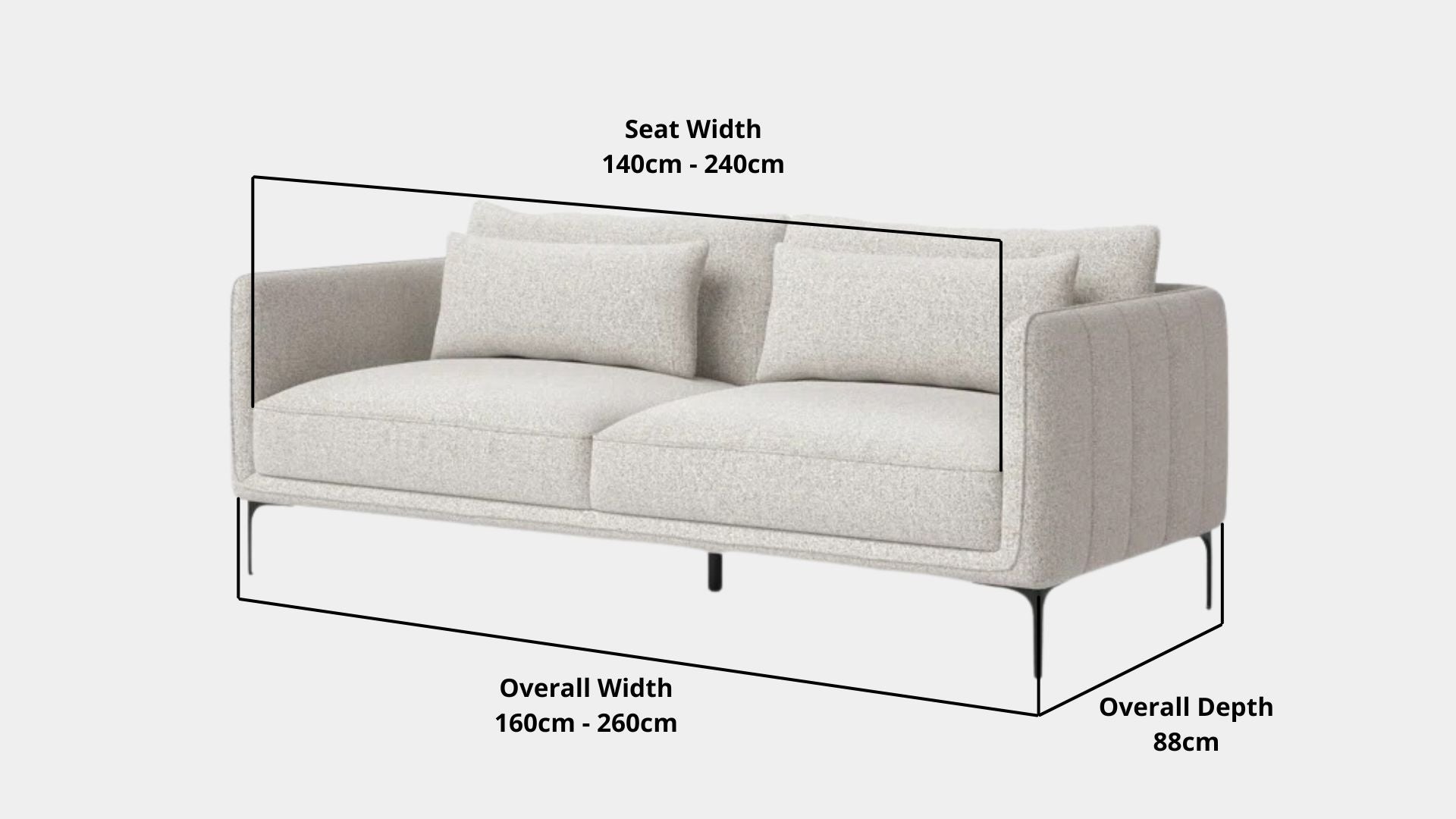 Details the key dimensions in terms of overall width, overall depth and seat width for Casper Fabric Sofa