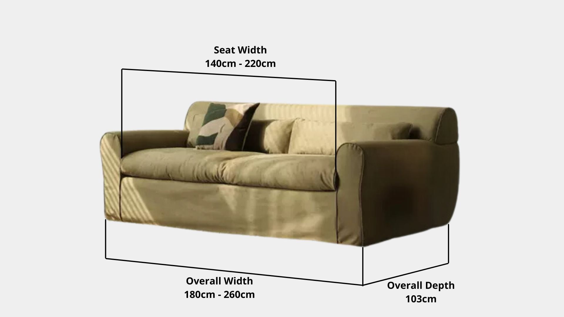 Details the key dimensions in terms of overall width, overall depth and seat width for Caspian Fabric Sofa