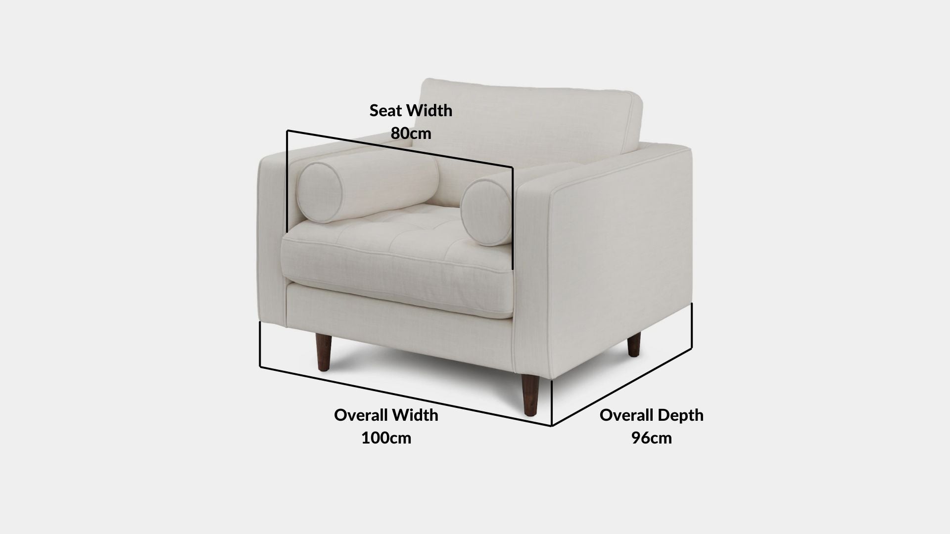 Details the key dimensions in terms of overall width, overall depth and seat width for Castle Fabric Armchair