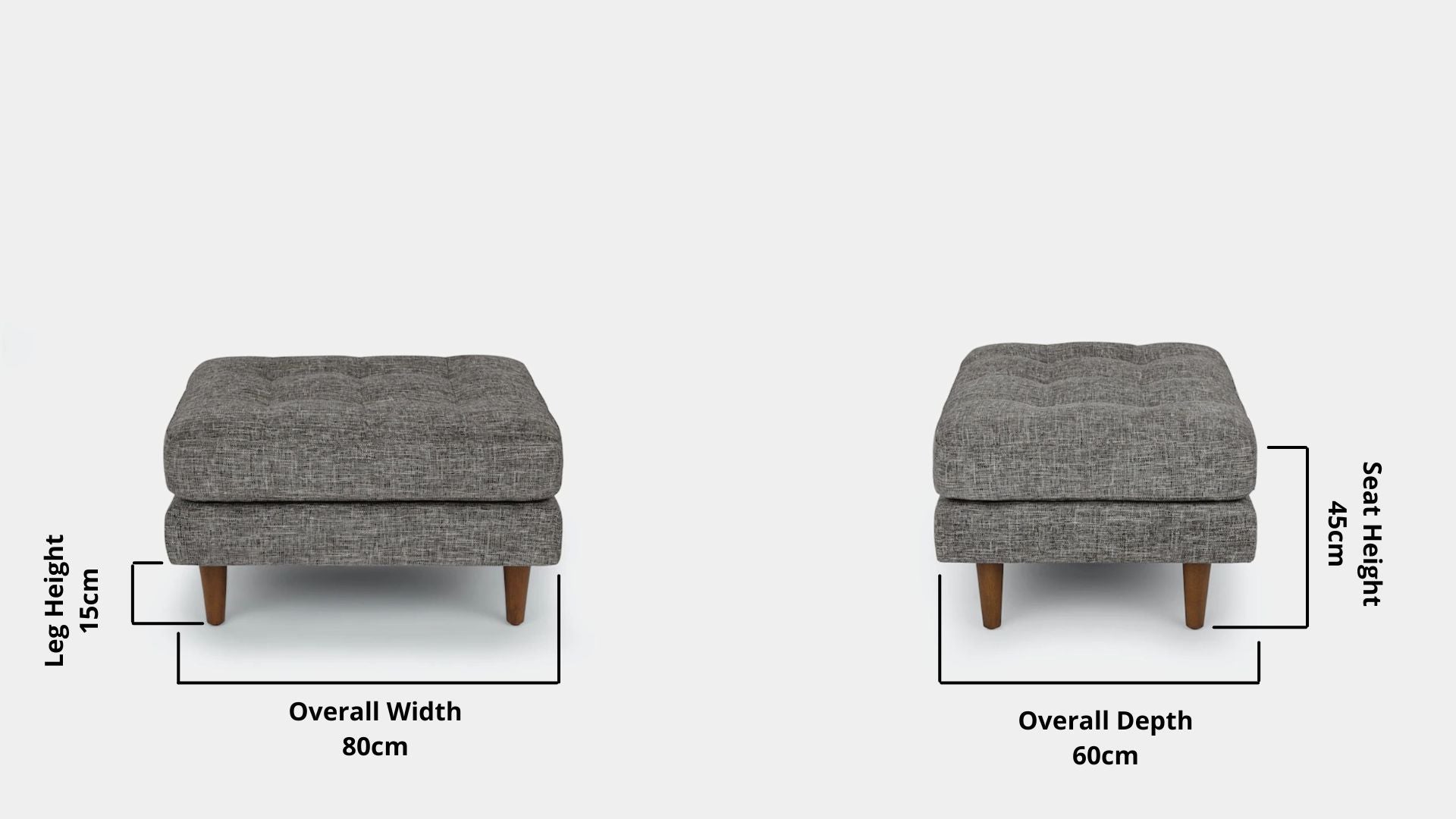 Details the key dimensions in terms of overall width, overall depth and seat width for Castle Fabric Ottoman