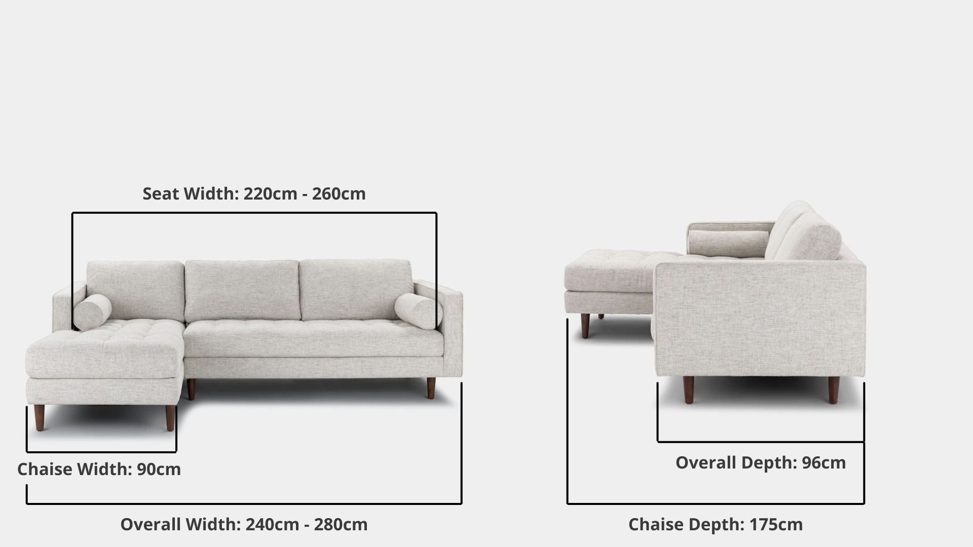 Details the key dimensions in terms of overall width, overall depth and seat width for Castle Fabric Sectional Sofa