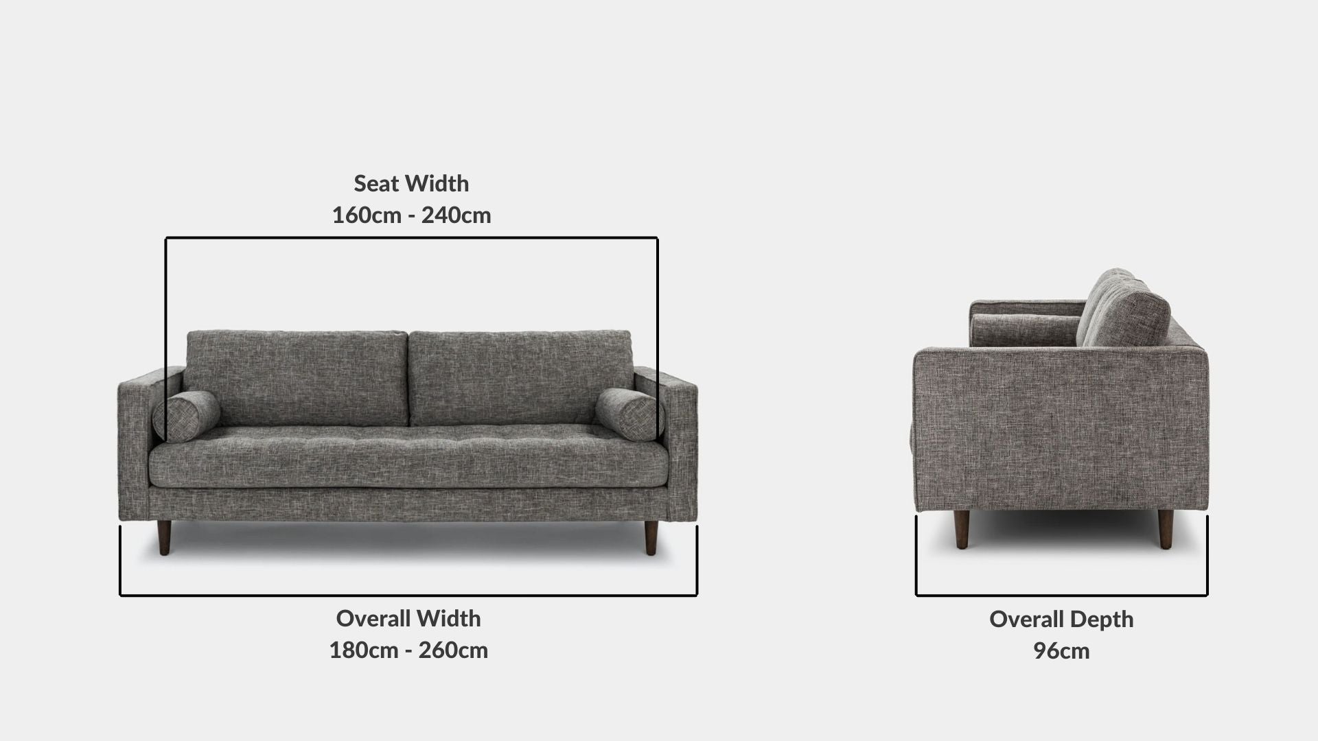 Details the key dimensions in terms of overall width, overall depth and seat width for Castle Fabric Sofa