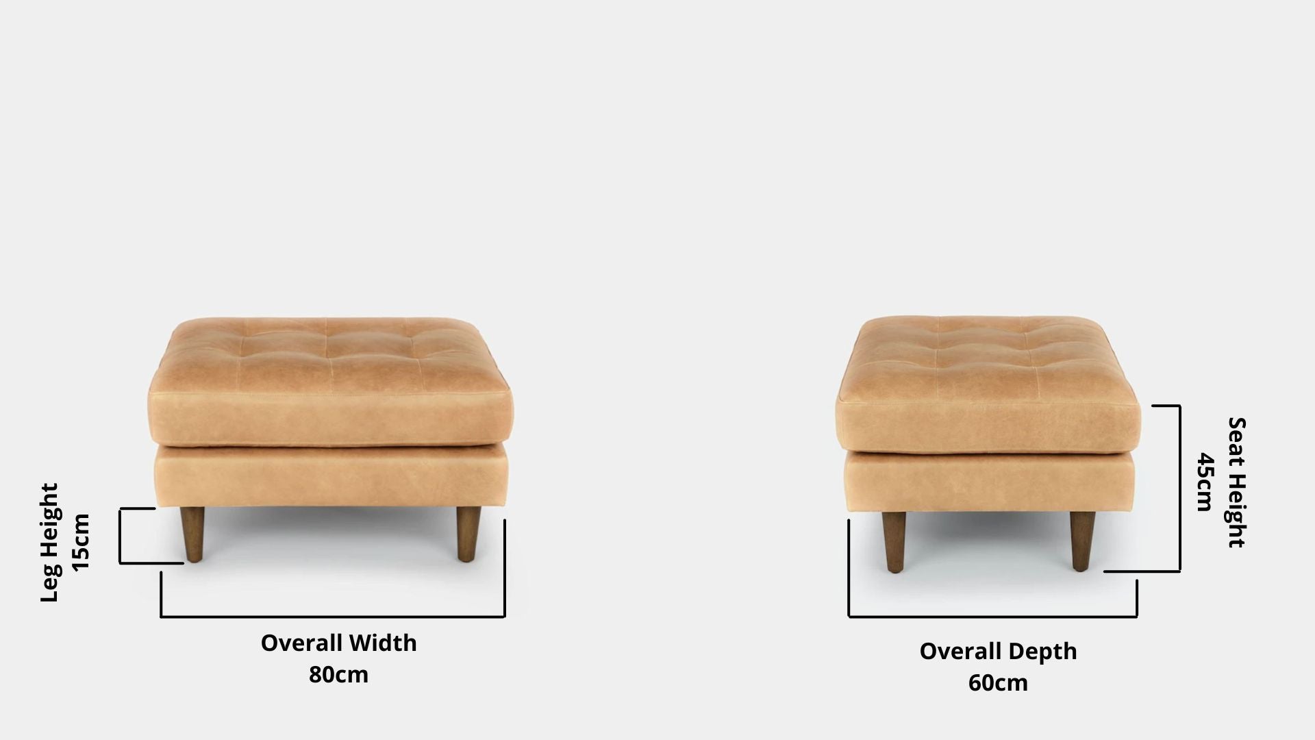 Details the key dimensions in terms of overall width, overall depth and seat width for Castle Full Leather Ottoman