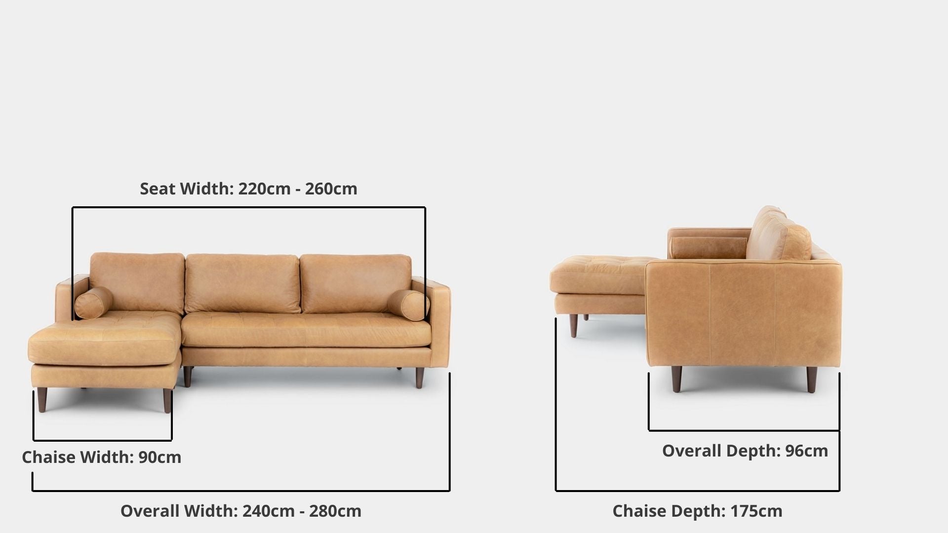 Details the key dimensions in terms of overall width, overall depth and seat width for Castle Full Leather Sectional Sofa