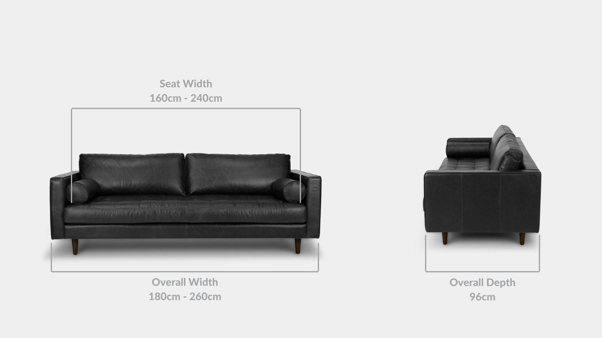 Details the key dimensions in terms of overall width, overall depth and seat width for Castle Full Leather Sofa