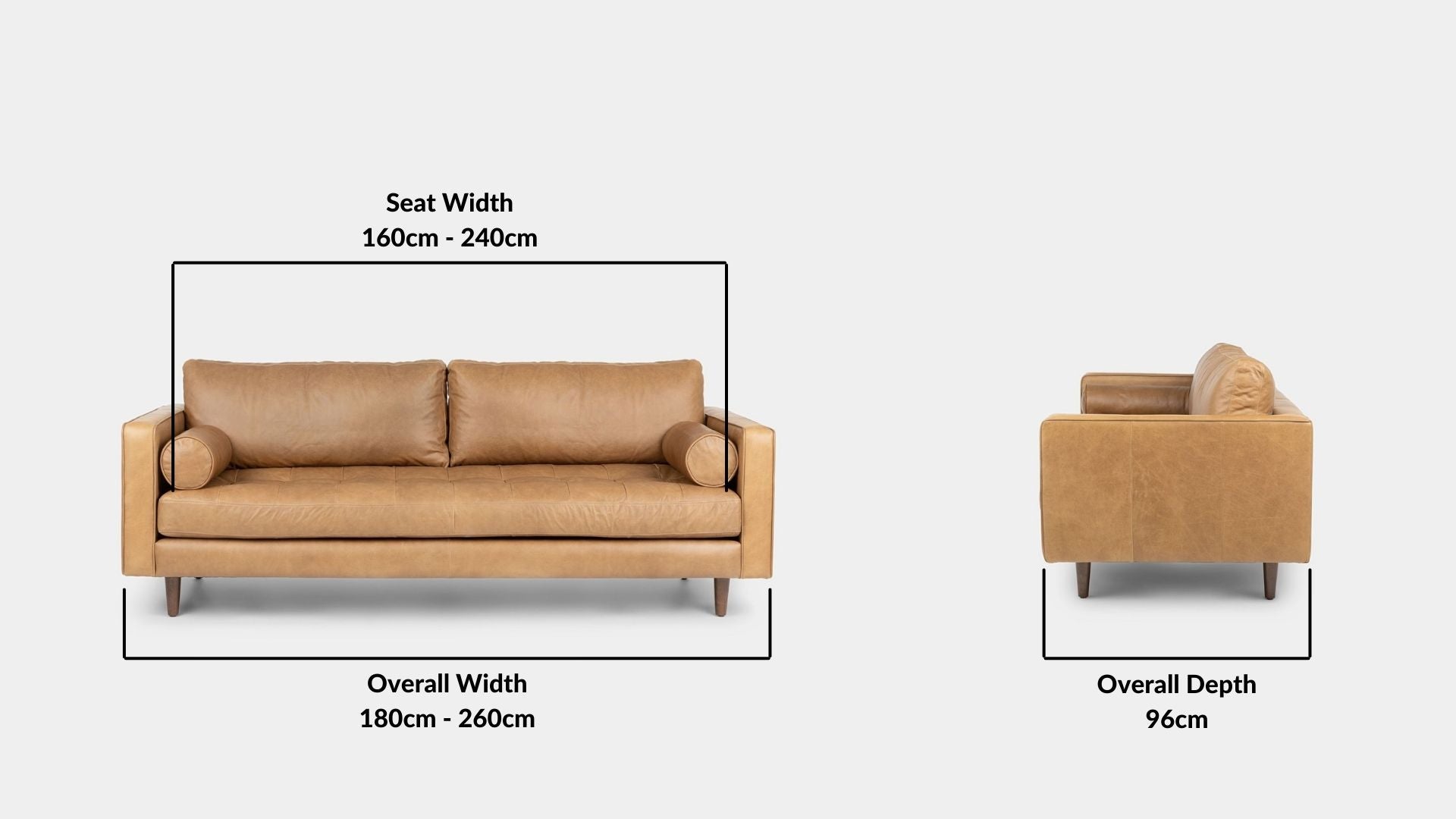 Details the key dimensions in terms of overall width, overall depth and seat width for Castle Half Leather Sofa