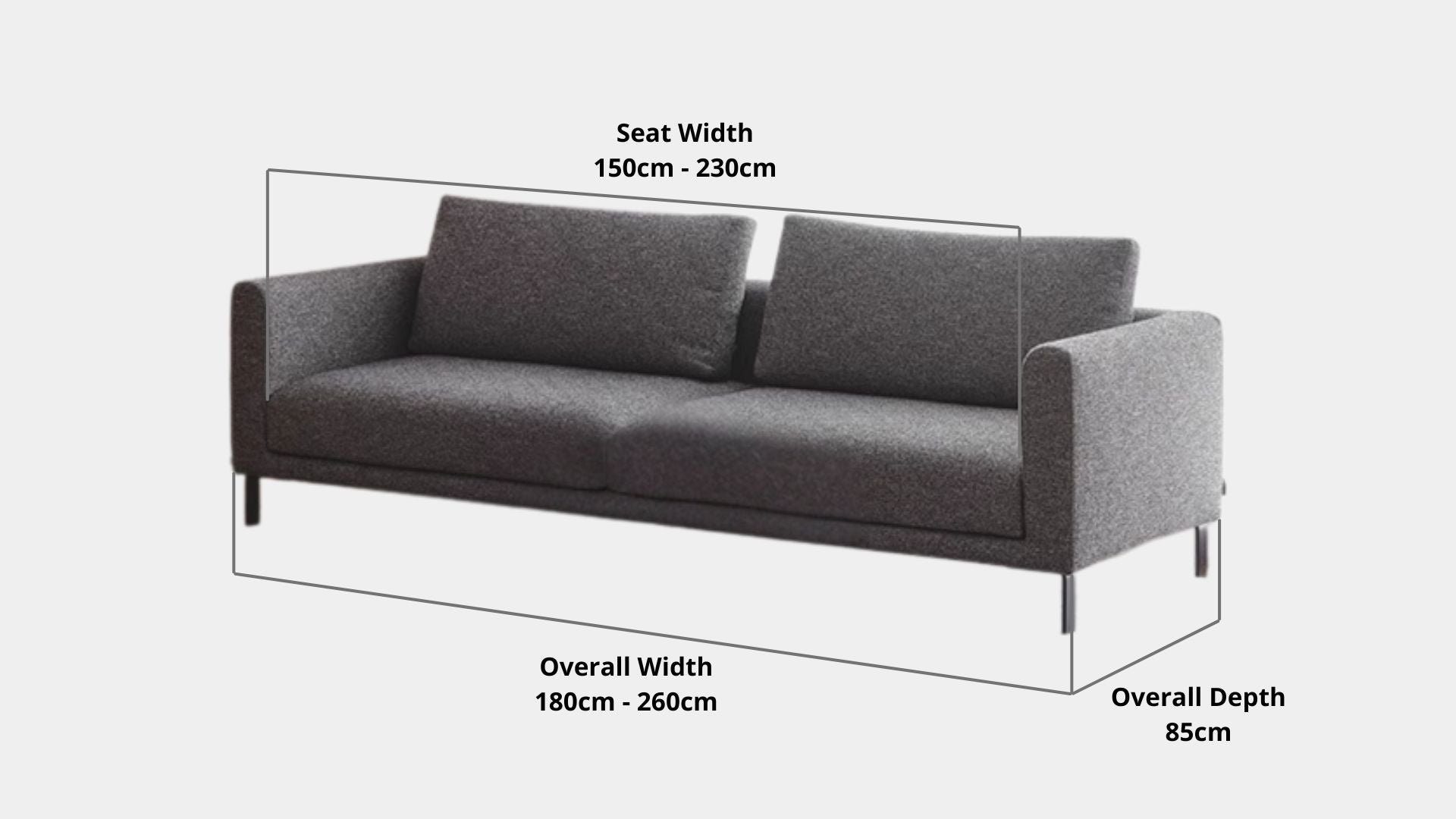 Details the key dimensions in terms of overall width, overall depth and seat width for Cedar Fabric Sofa