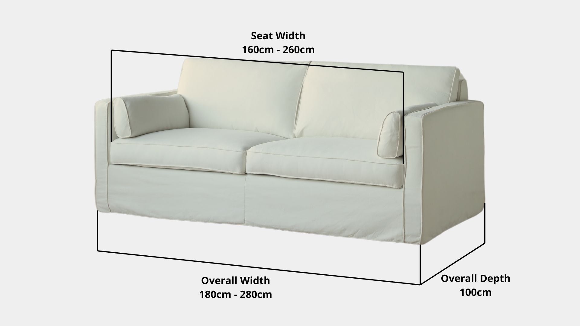 Details the key dimensions in terms of overall width, overall depth and seat width for Celeste Fabric Sofa