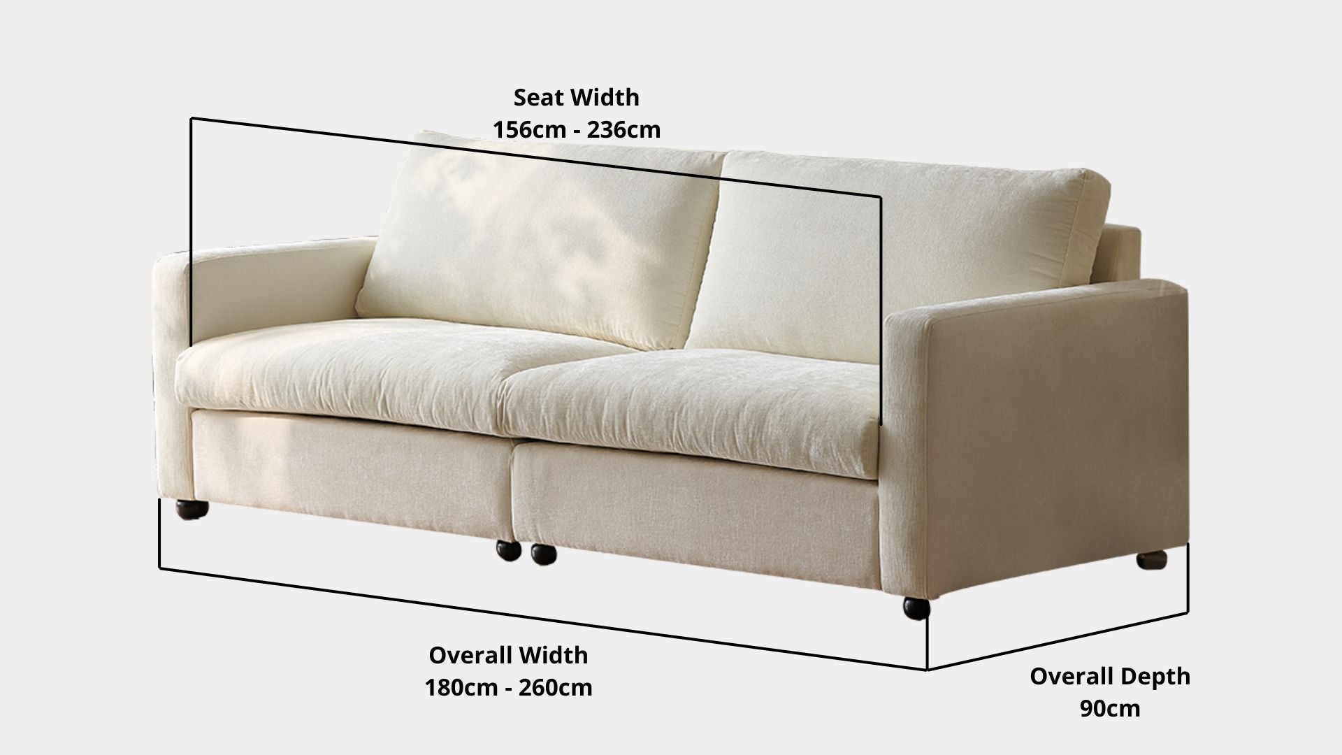 Details the key dimensions in terms of overall width, overall depth and seat width for Chalet Fabric Sofa