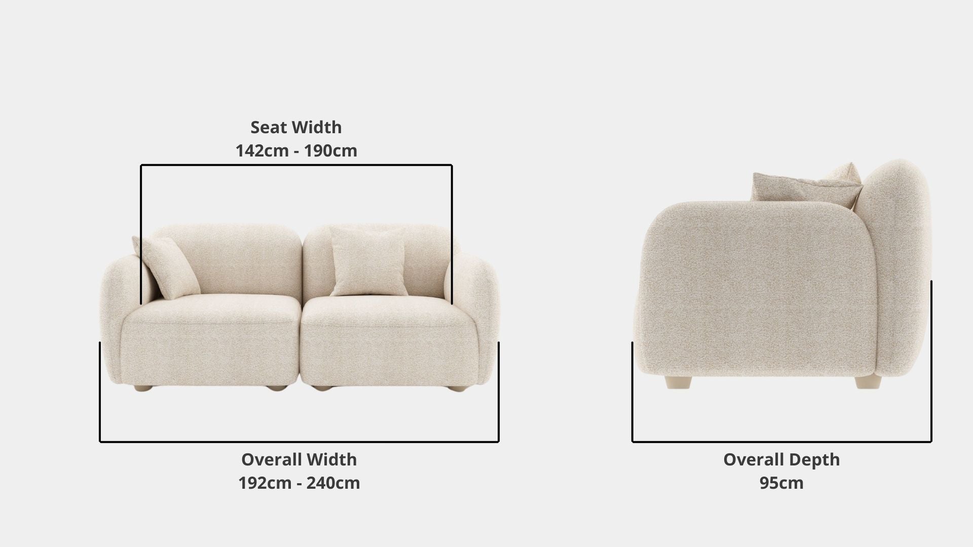 Details the key dimensions in terms of overall width, overall depth and seat width for Charmy Fabric Sofa