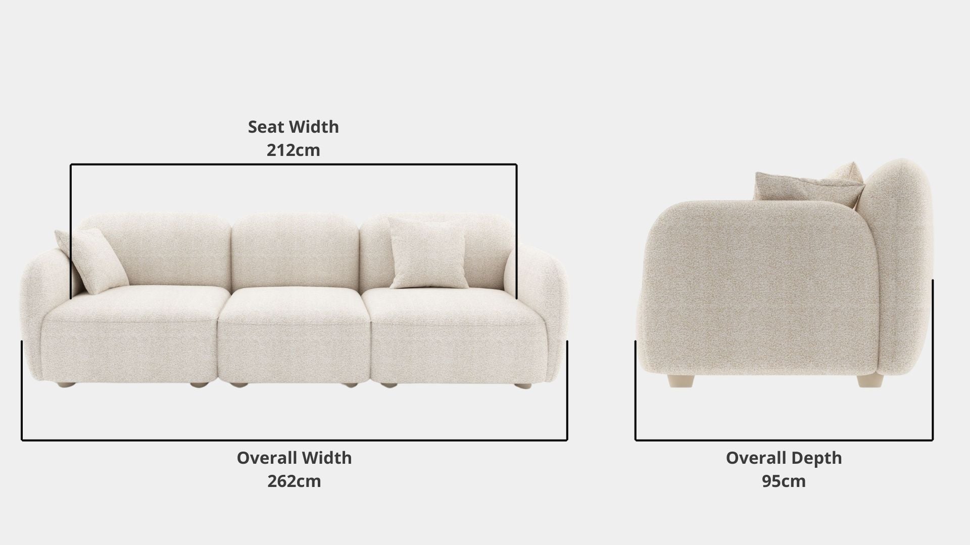 Details the key dimensions in terms of overall width, overall depth and seat width for Charmy Fabric Sofa