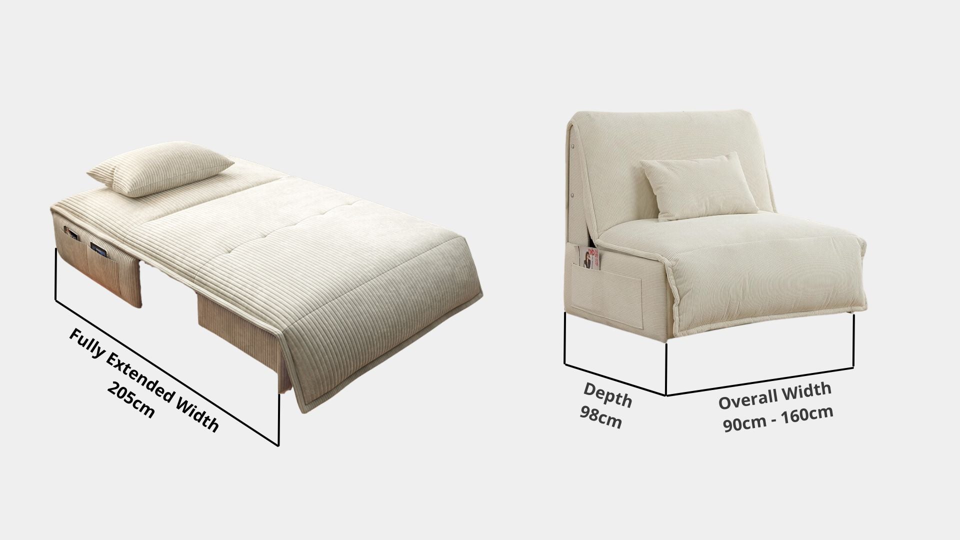 Details the key dimensions in terms of overall width, overall depth and seat width for Chronos Electric Fabric Sofa Bed