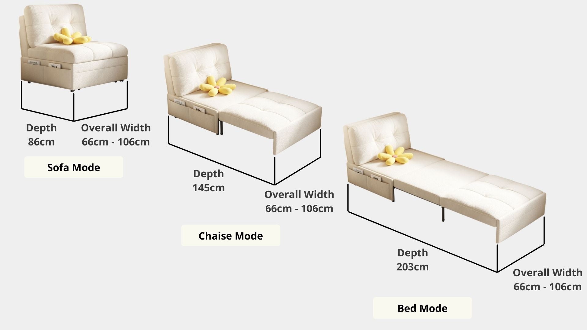 Details the key dimensions in terms of overall width, overall depth and seat width for Ciabatta Fabric Sofa Bed