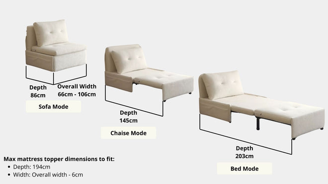 Key sofa bed dimensions including sofa depth and pull out depth for Ciabatta Fabric Sofa Bed