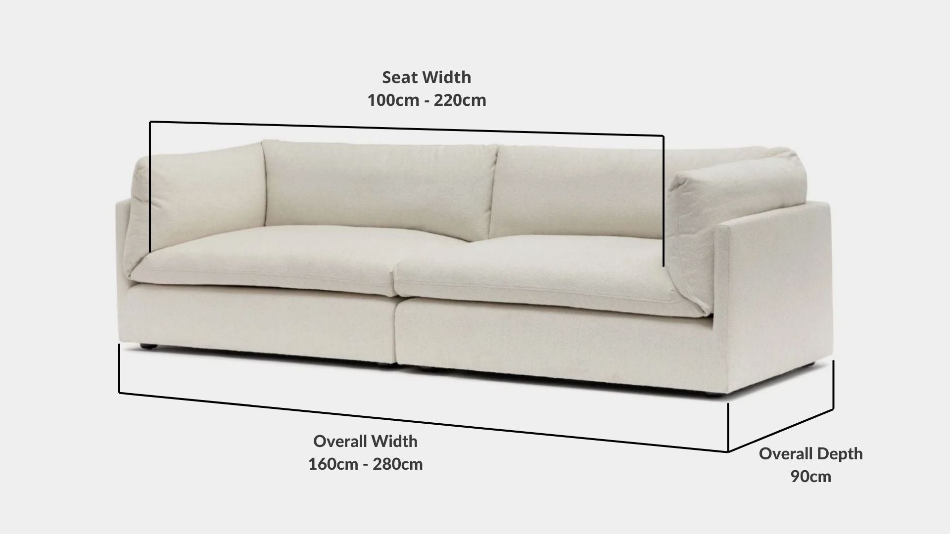 Details the key dimensions in terms of overall width, overall depth and seat width for Clara Fabric Sofa