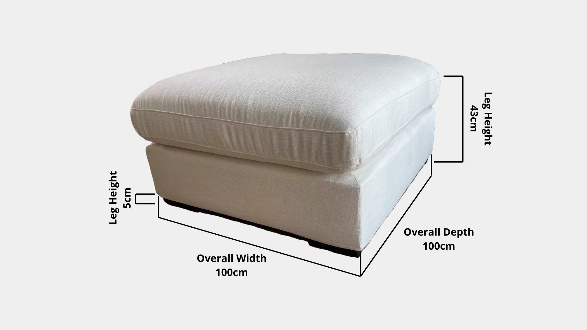 Details the key dimensions in terms of overall width, overall depth and seat width for Claudia Fabric Ottoman