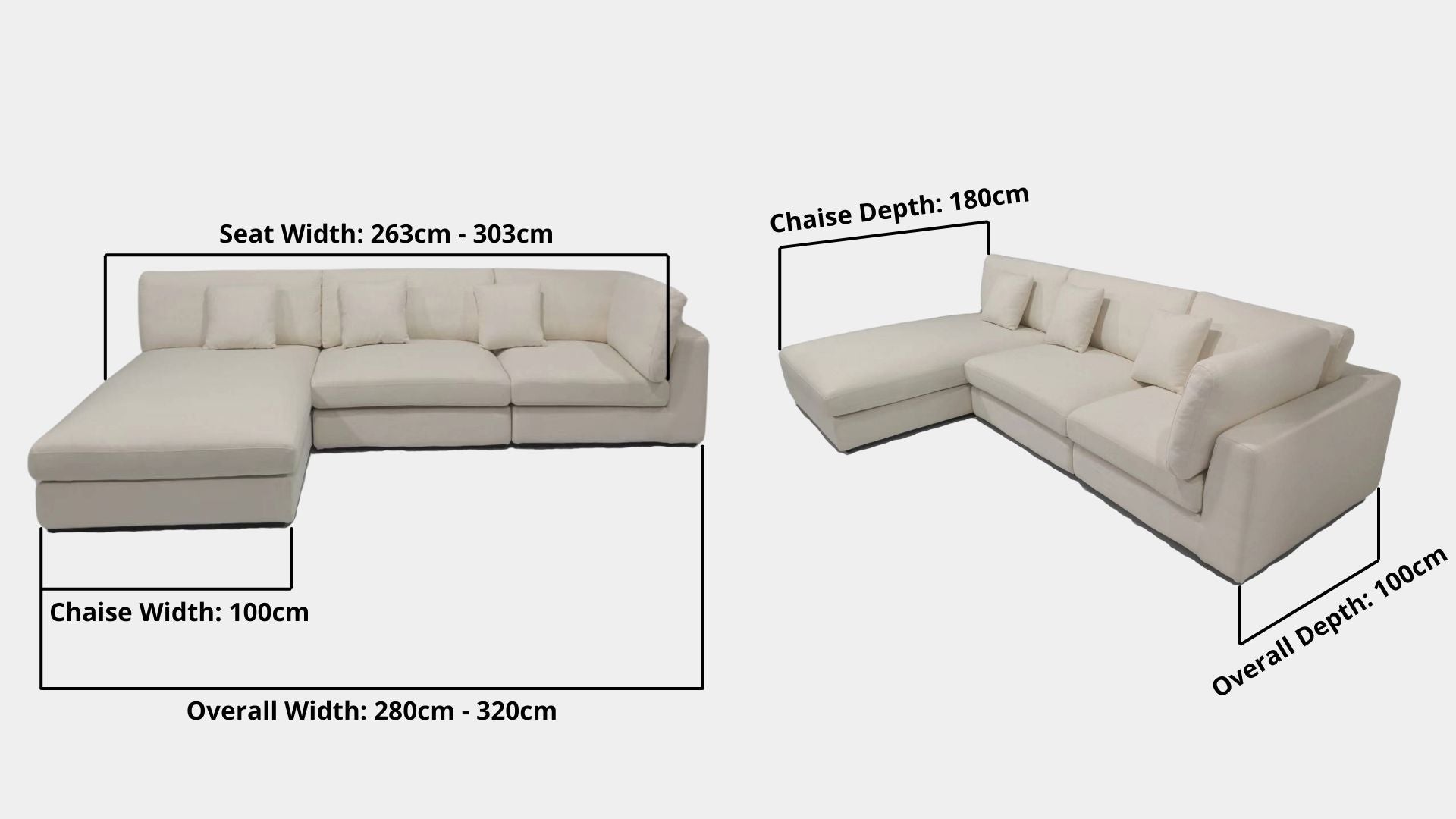 Details the key dimensions in terms of overall width, overall depth and seat width for Claudia Fabric L Shape Sectional One Arm Sofa