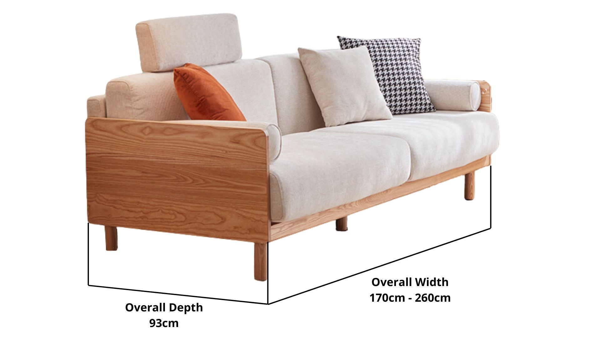 Details the key dimensions in terms of overall width, overall depth and seat width for Cloister Fabric Sofa