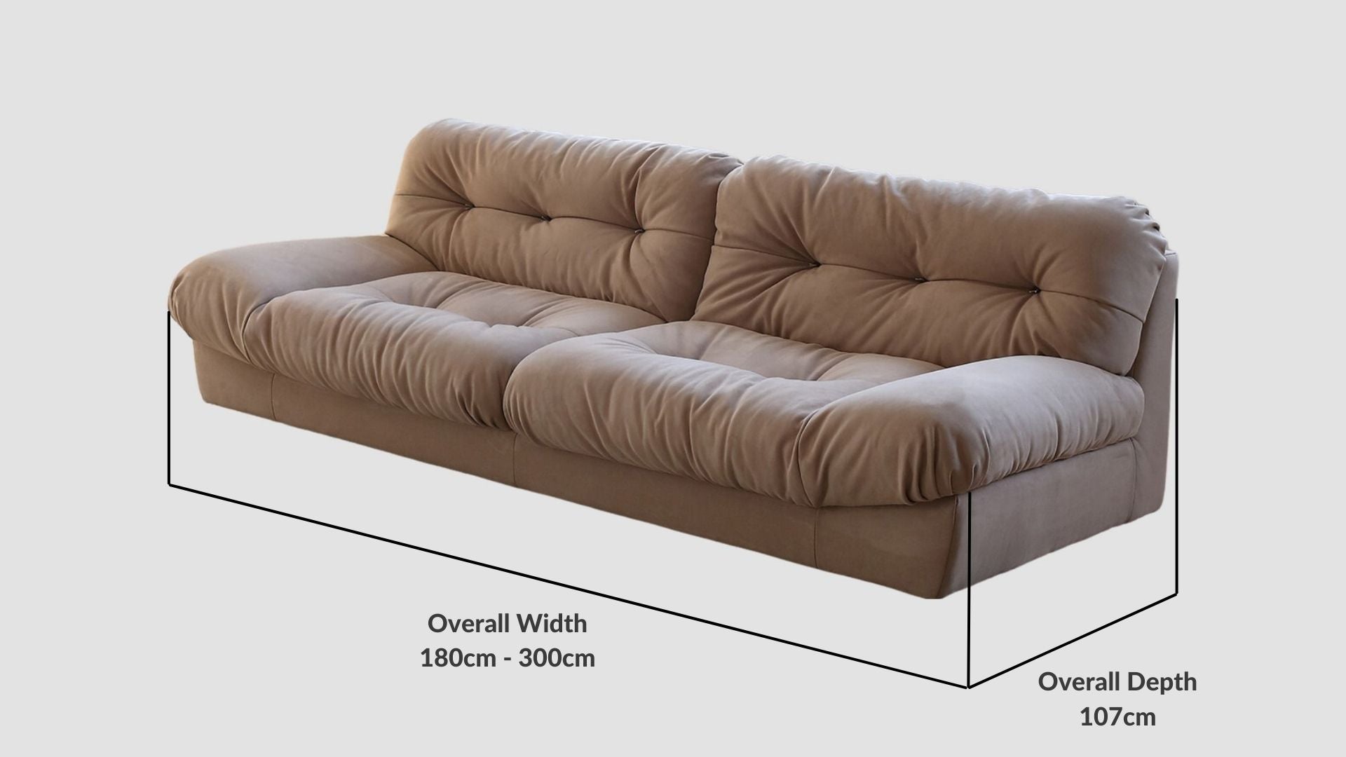 Details the key dimensions in terms of overall width, overall depth and seat width for Clora Fabric Sofa