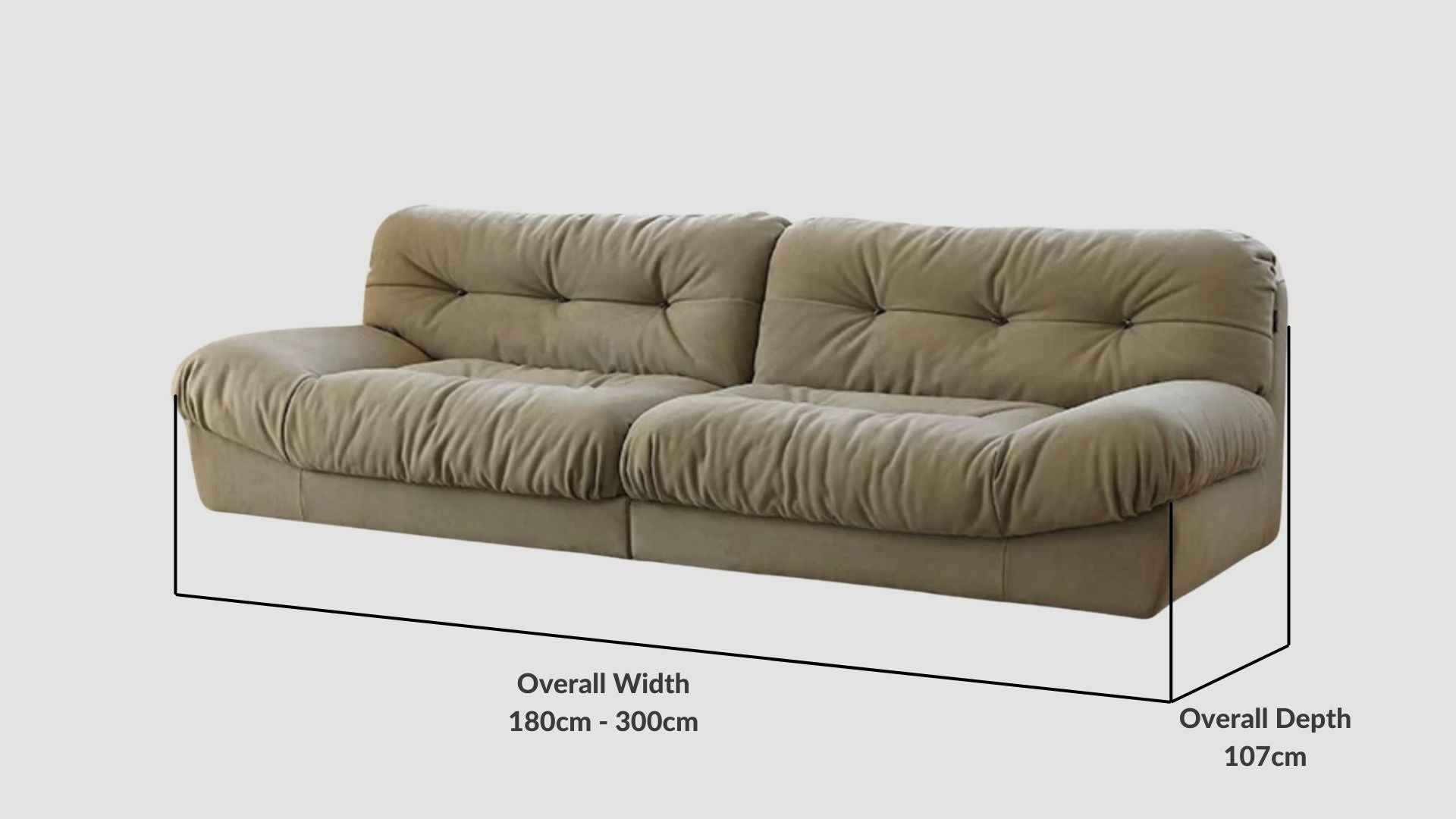 Details the key dimensions in terms of overall width, overall depth and seat width for Clora Fabric Sofa