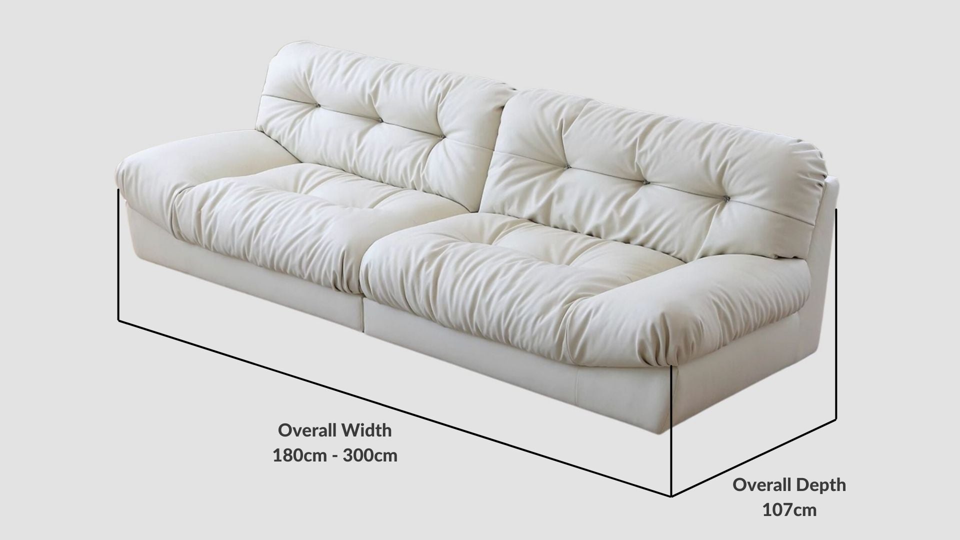 Details the key dimensions in terms of overall width, overall depth and seat width for Clora Full Leather Sofa