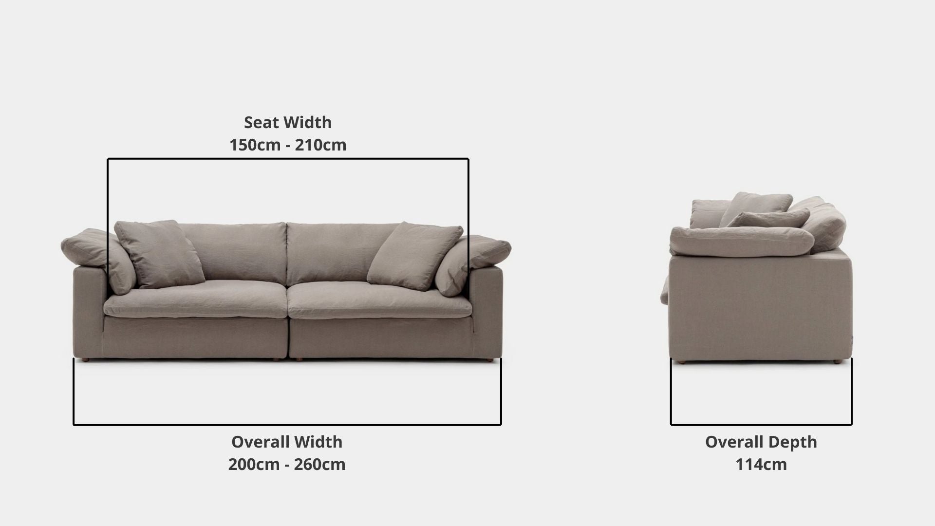 Details the key dimensions in terms of overall width, overall depth and seat width for Cloud Fabric Sofa