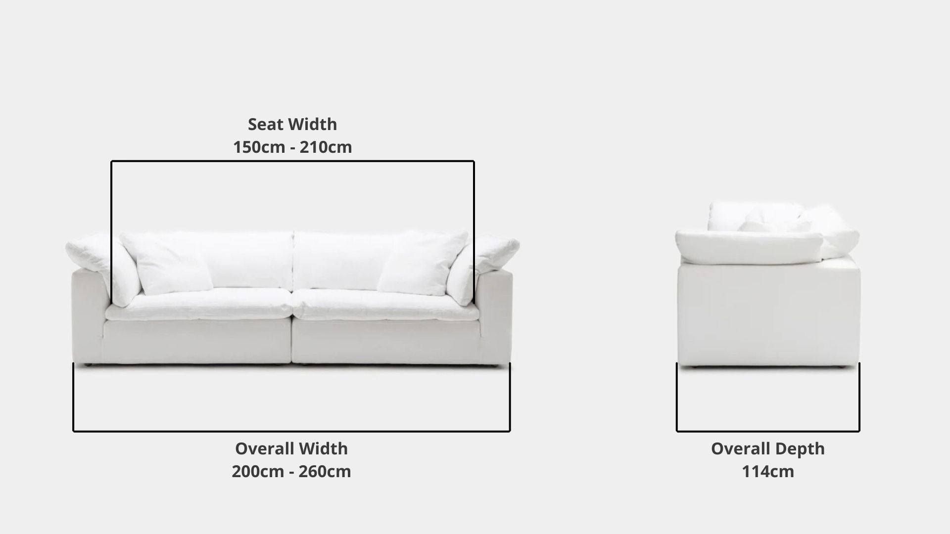 Details the key dimensions in terms of overall width, overall depth and seat width for Cloud Fabric Sofa