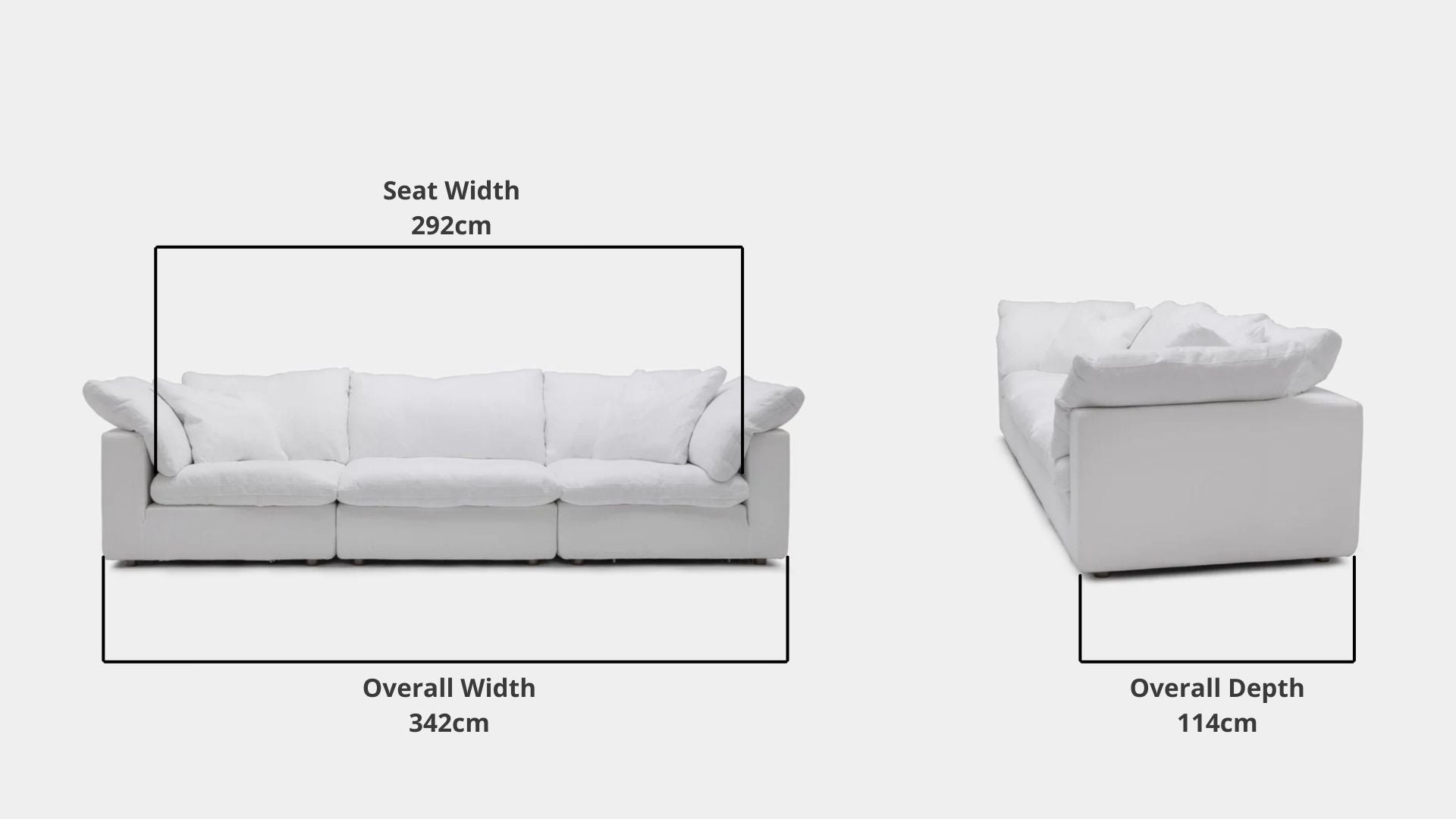 Details the key dimensions in terms of overall width, overall depth and seat width for Cloud Fabric Sofa