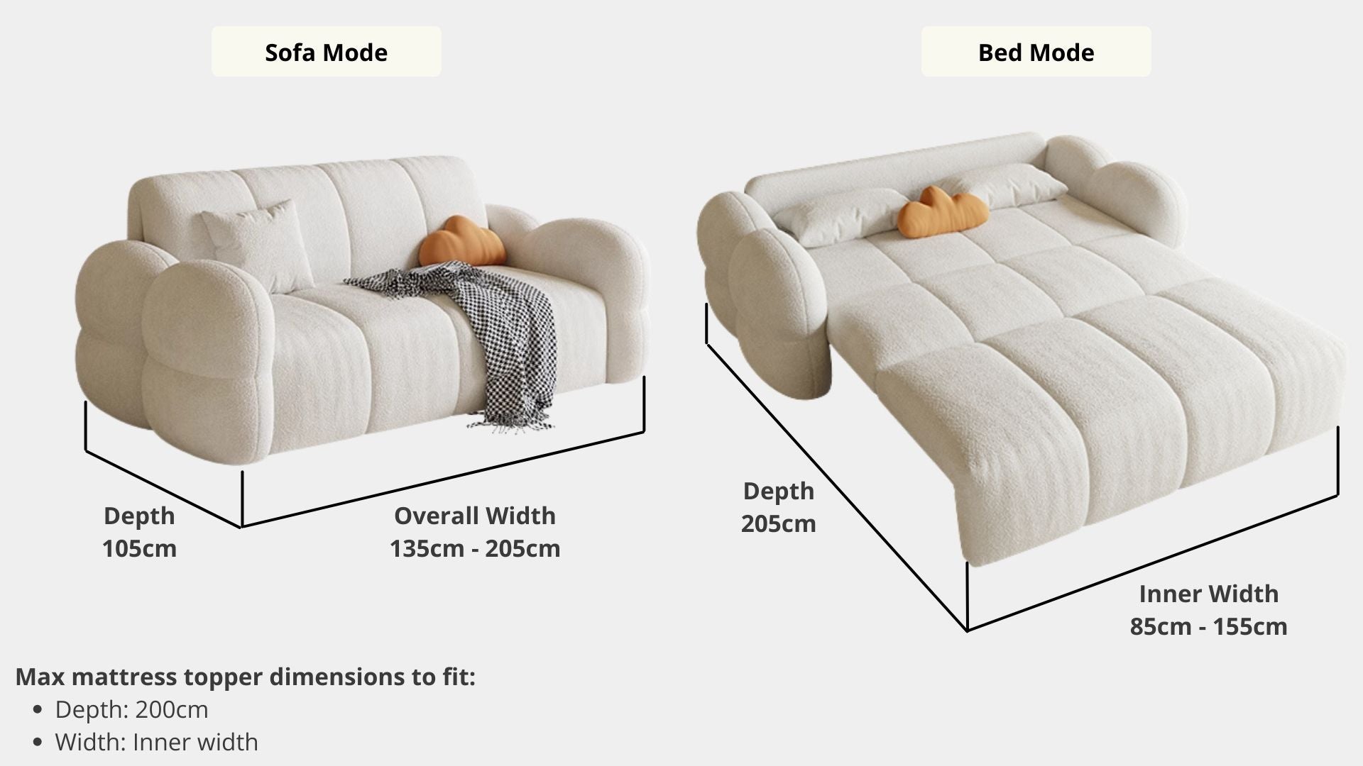 Details the key dimensions in terms of overall width, overall depth and seat width for Clover Eletric Fabric Sofa Bed