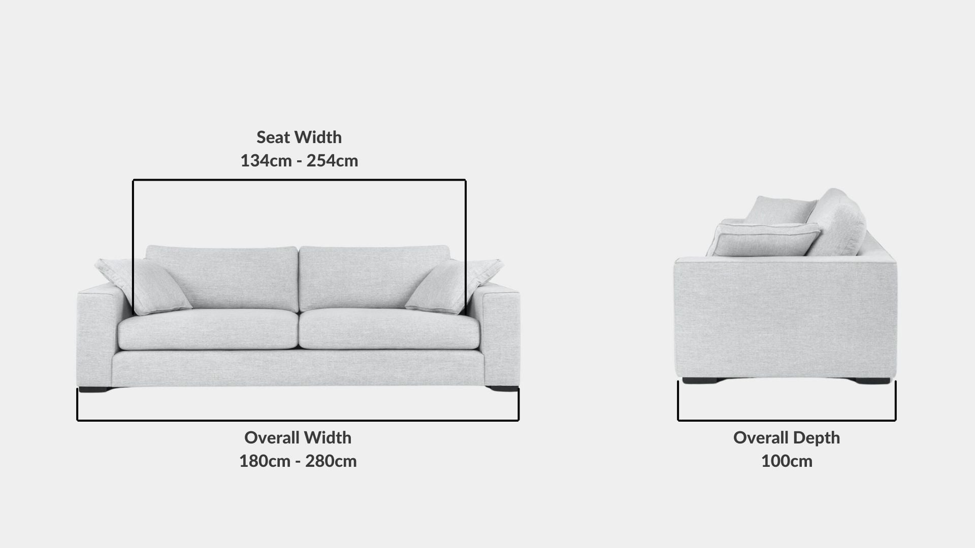 Details the key dimensions in terms of overall width, overall depth and seat width for Coastal Fabric Sofa