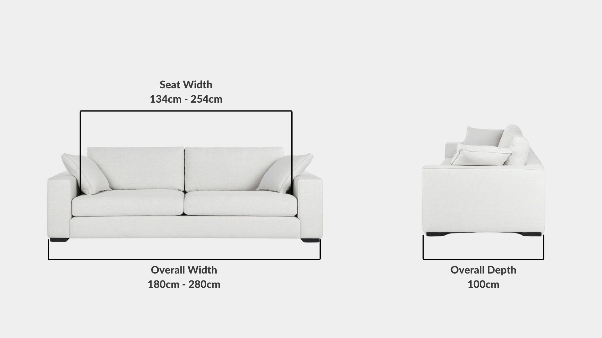 Details the key dimensions in terms of overall width, overall depth and seat width for Coastal Fabric Sofa