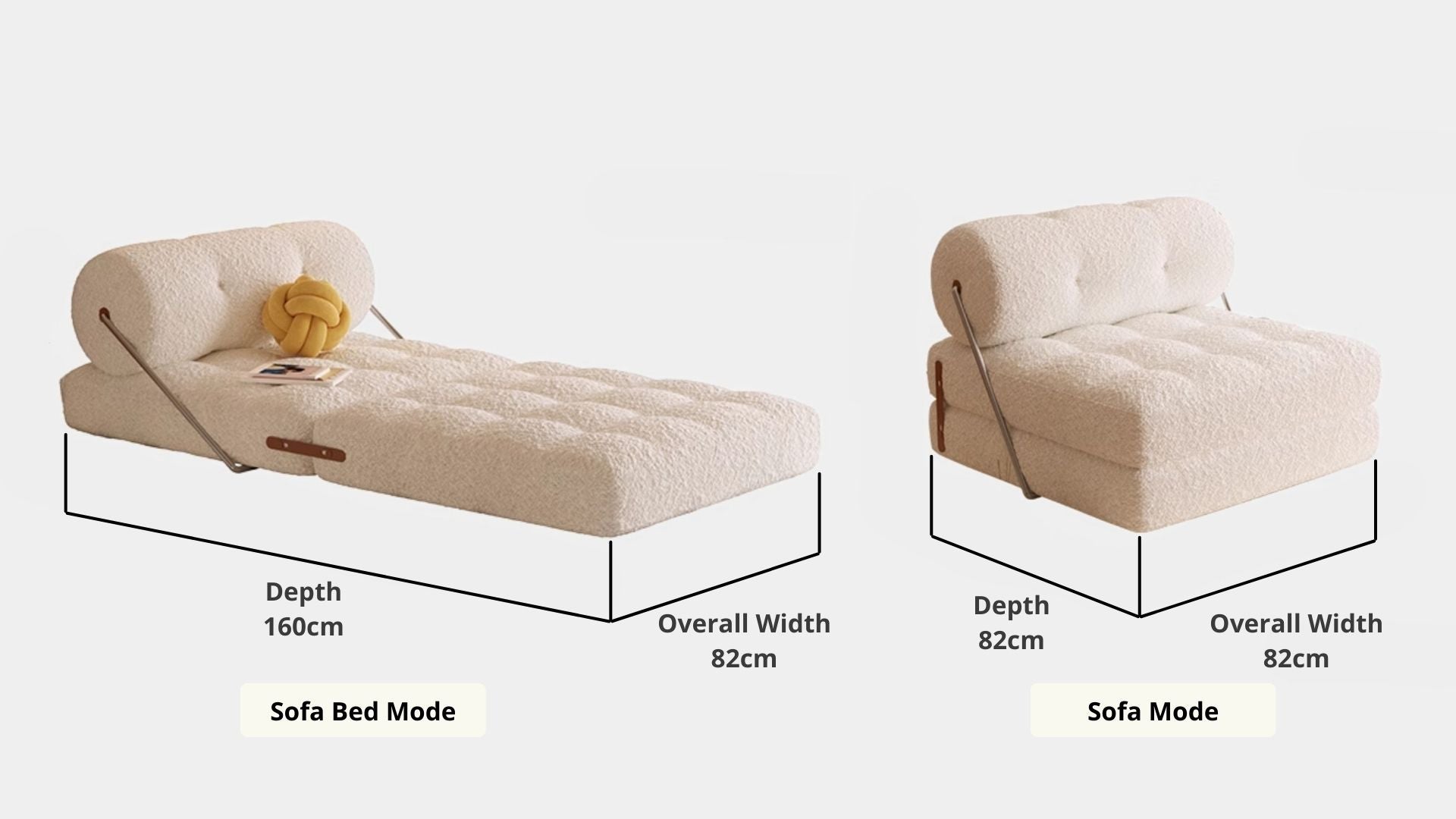 Details the key dimensions in terms of overall width, overall depth and seat width for Cob Fabric Sofa Bed