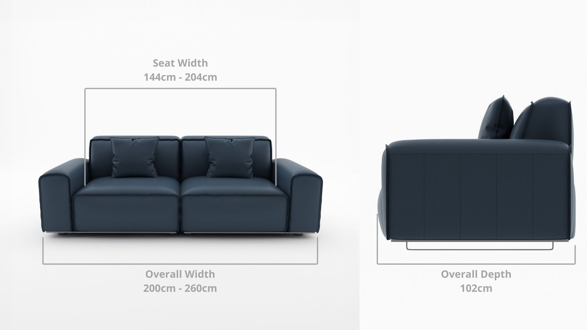 Details the key dimensions in terms of overall width, overall depth and seat width for Colby Full Leather Sofa