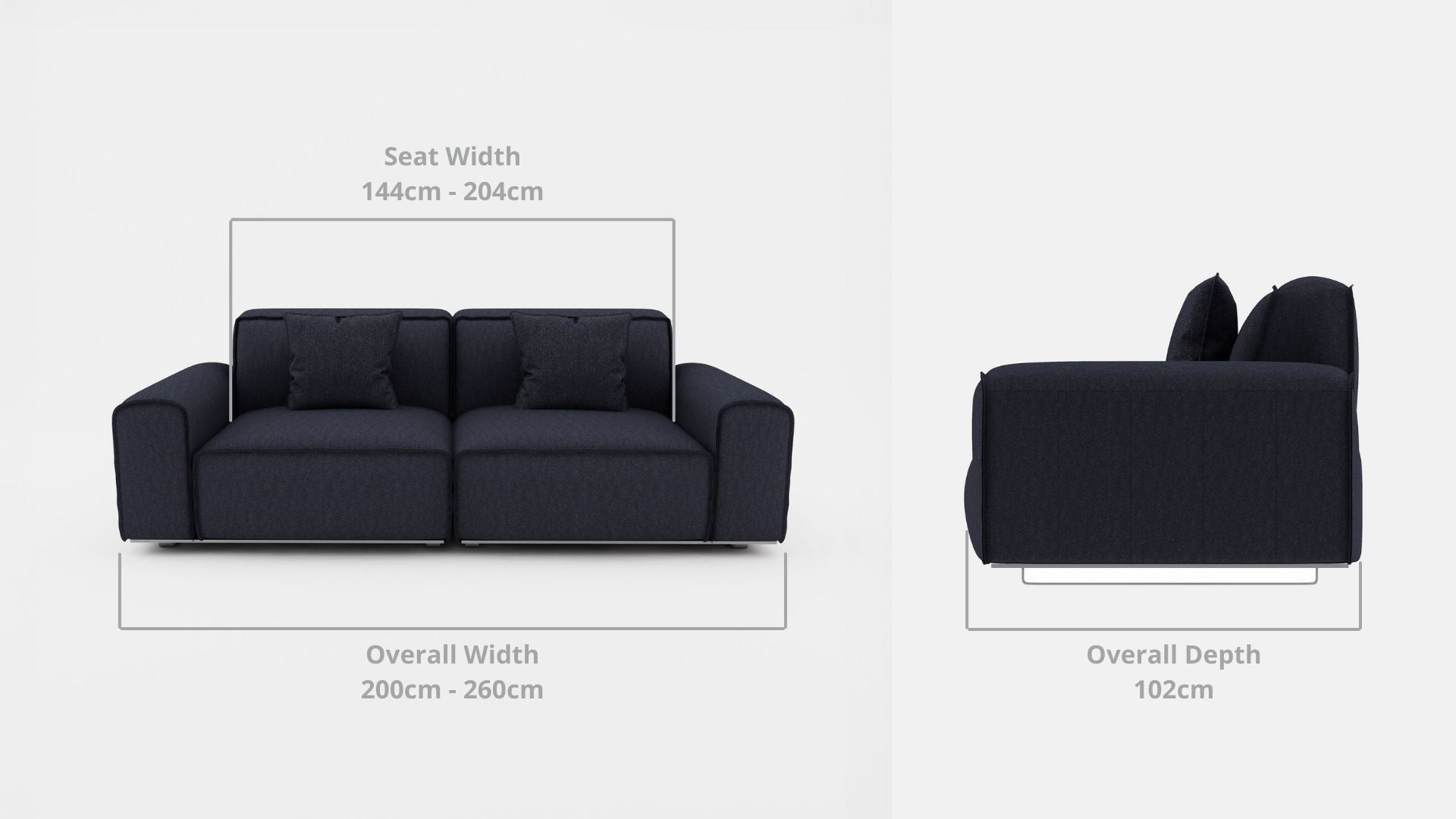 Details the key dimensions in terms of overall width, overall depth and seat width for Colby Fabric Sofa