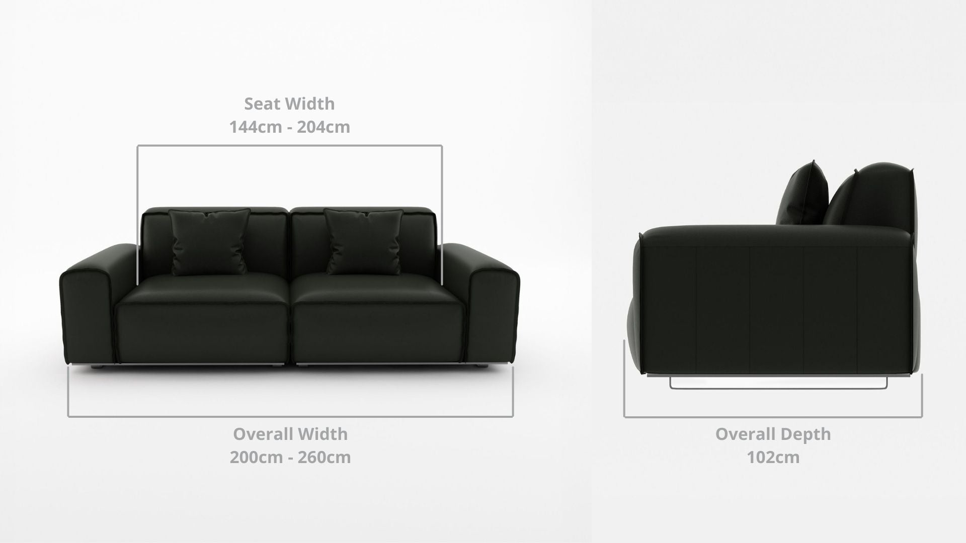 Details the key dimensions in terms of overall width, overall depth and seat width for Colby Full Leather Sofa