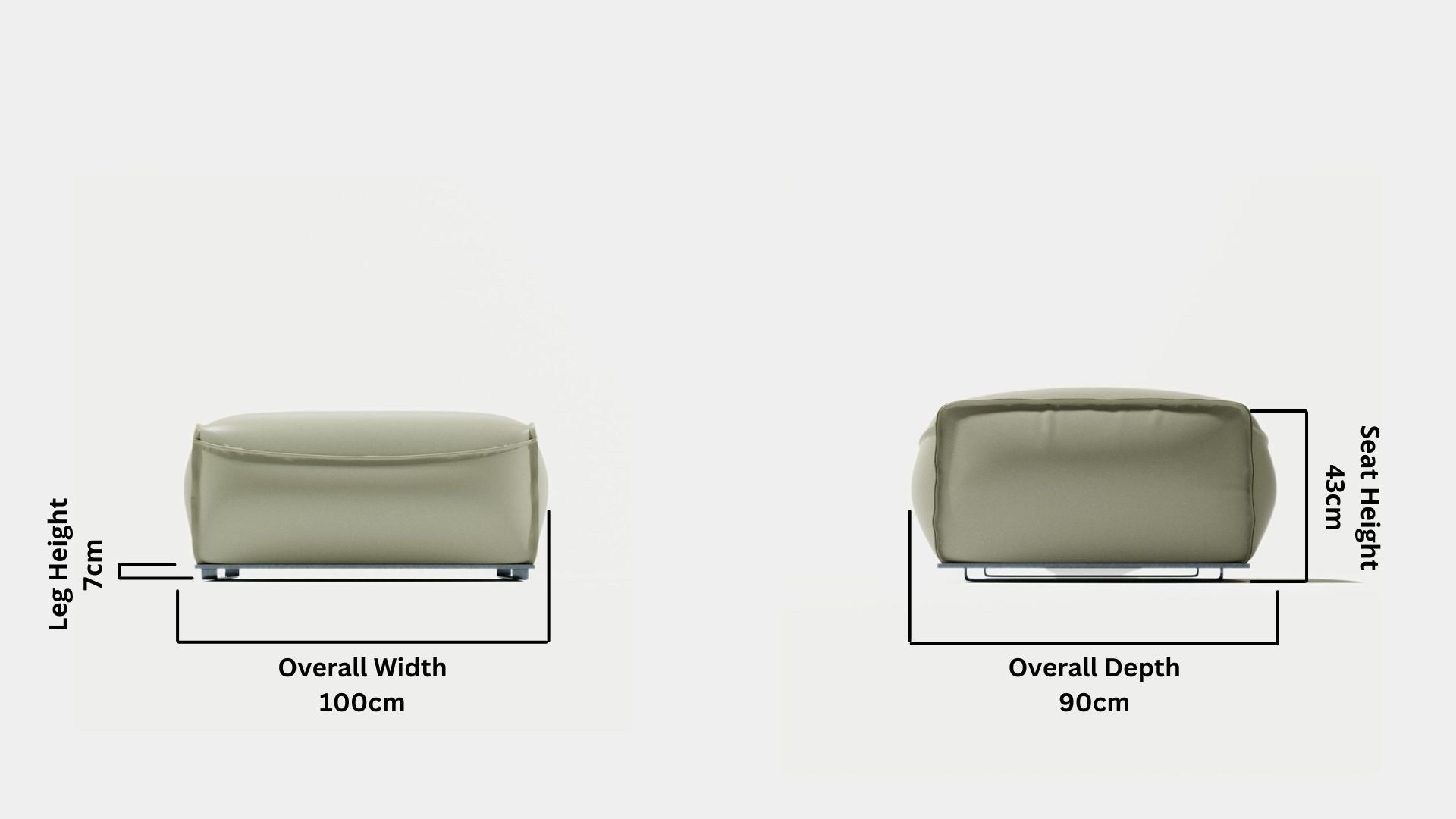 Details the key dimensions in terms of overall width, overall depth and seat width for Colby Full Leather Ottoman