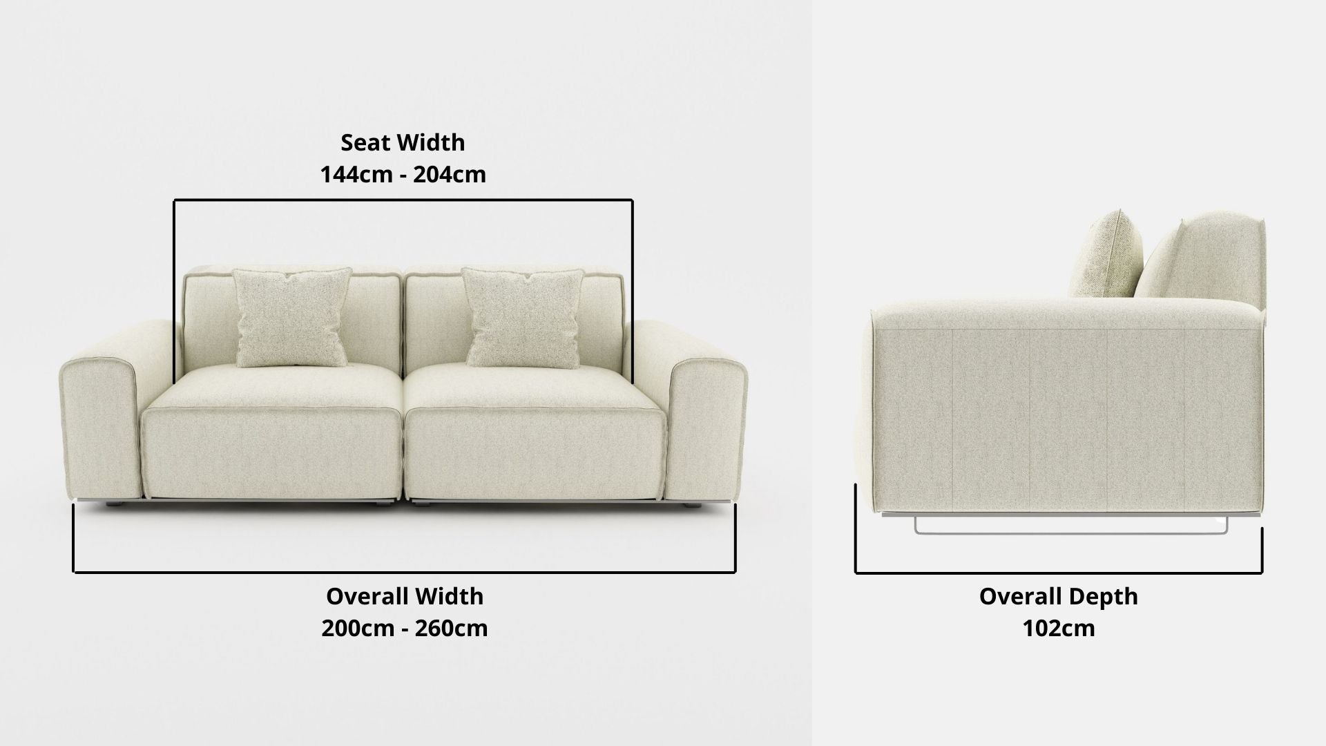 Details the key dimensions in terms of overall width, overall depth and seat width for Colby Fabric Sofa
