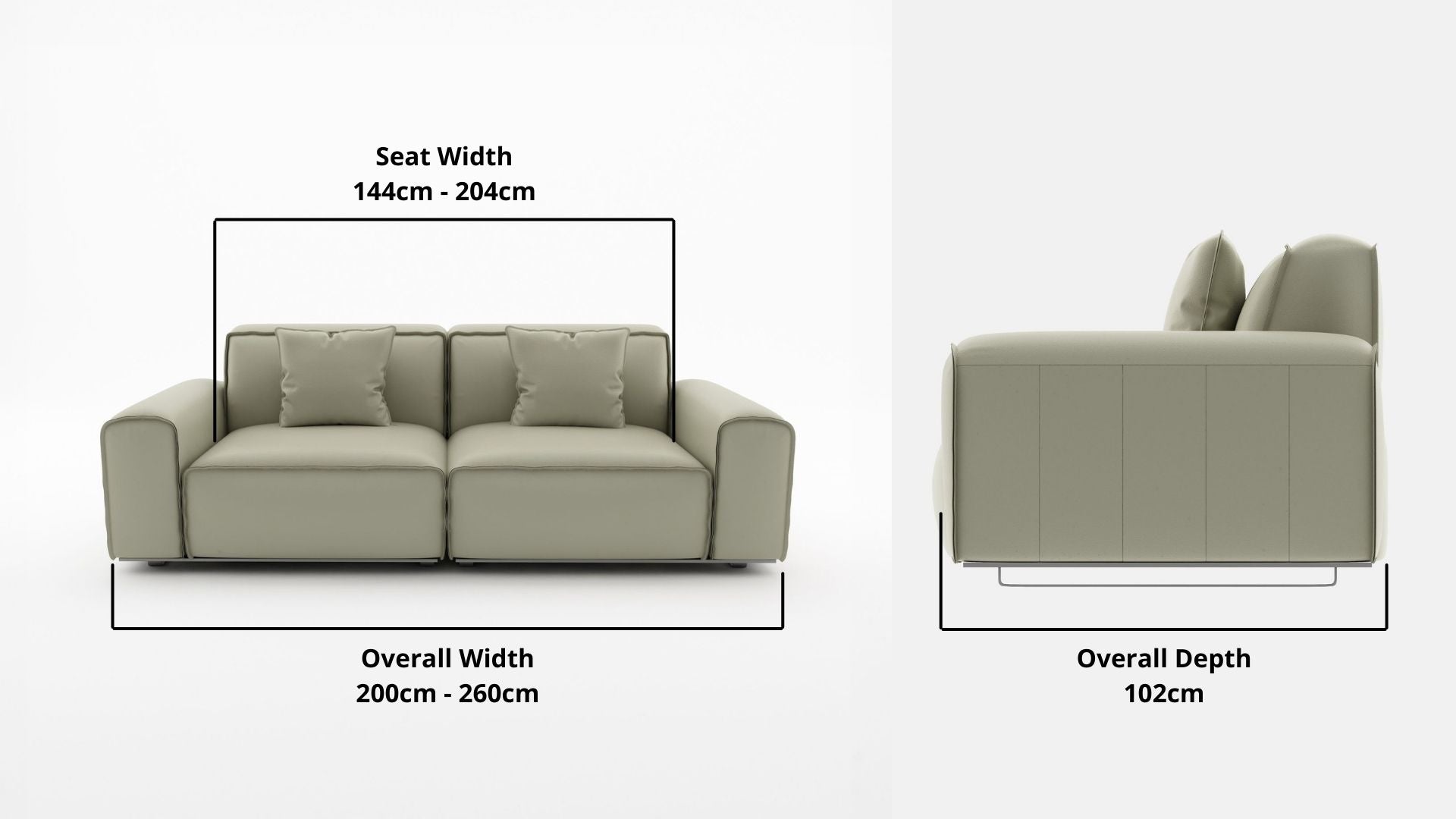 Details the key dimensions in terms of overall width, overall depth and seat width for Colby Half Leather Sofa