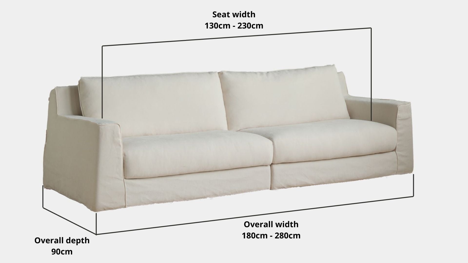 Details the key dimensions in terms of overall width, overall depth and seat width for Comfort Fabric Sofa