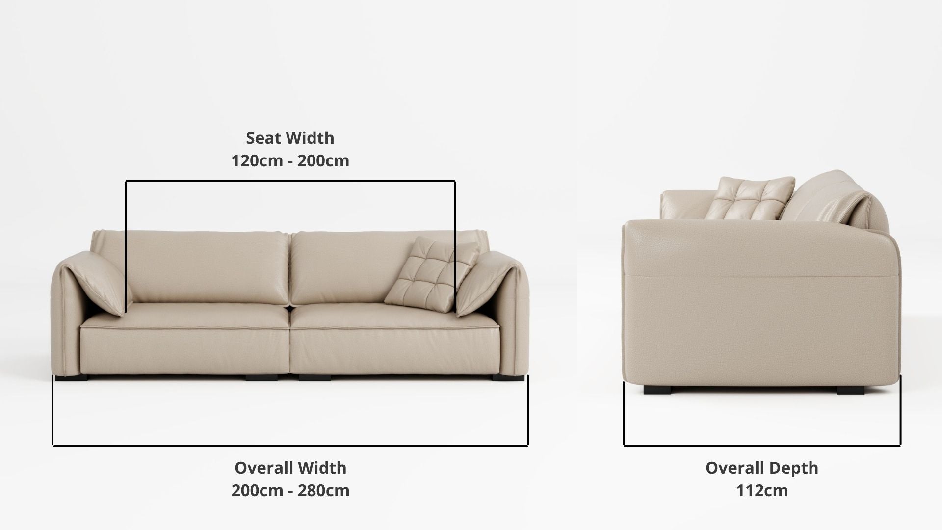 Details the key dimensions in terms of overall width, overall depth and seat width for Comfy Full Leather Sofa