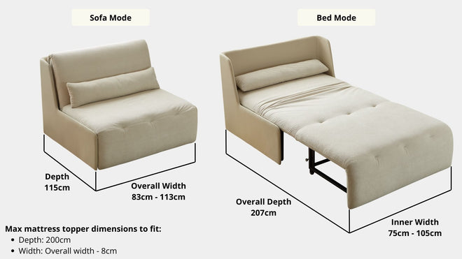 Key sofa bed dimensions including sofa depth and pull out depth for Concha Electric Fabric Sofa Bed