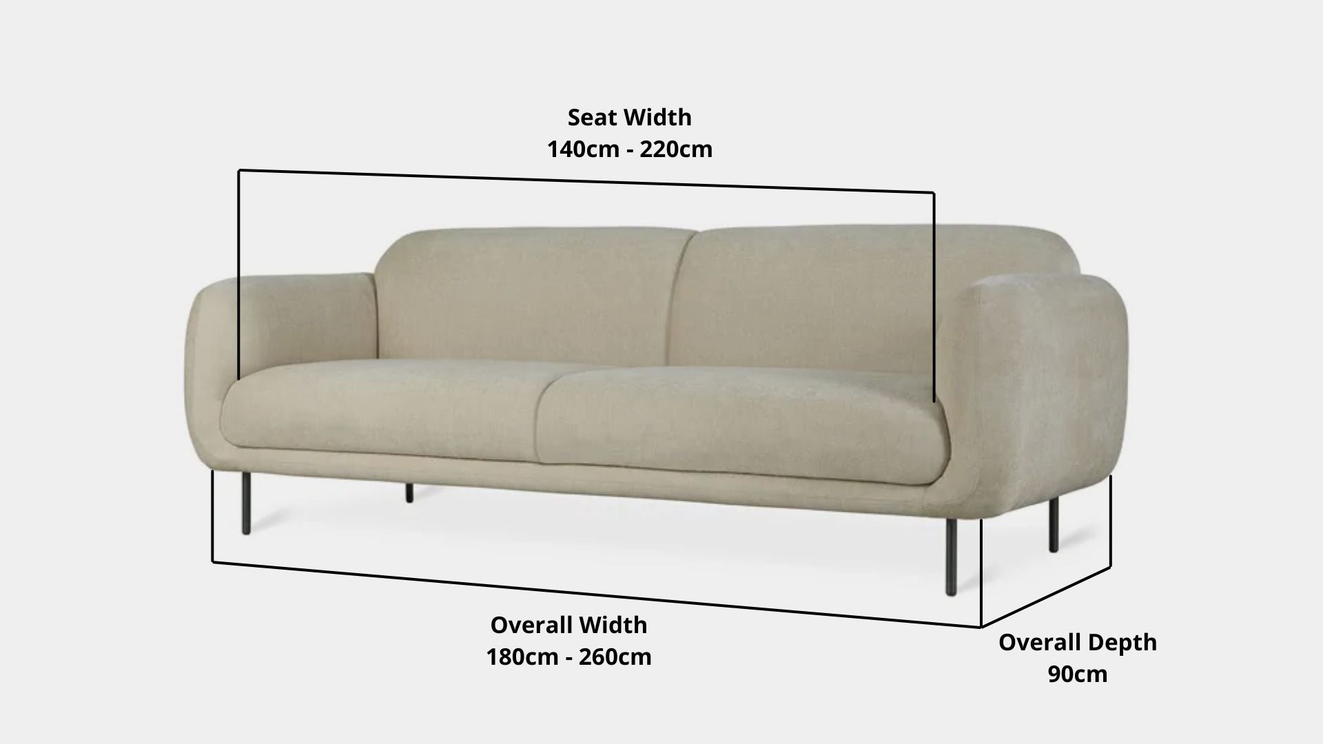 Details the key dimensions in terms of overall width, overall depth and seat width for Contour Fabric Sofa