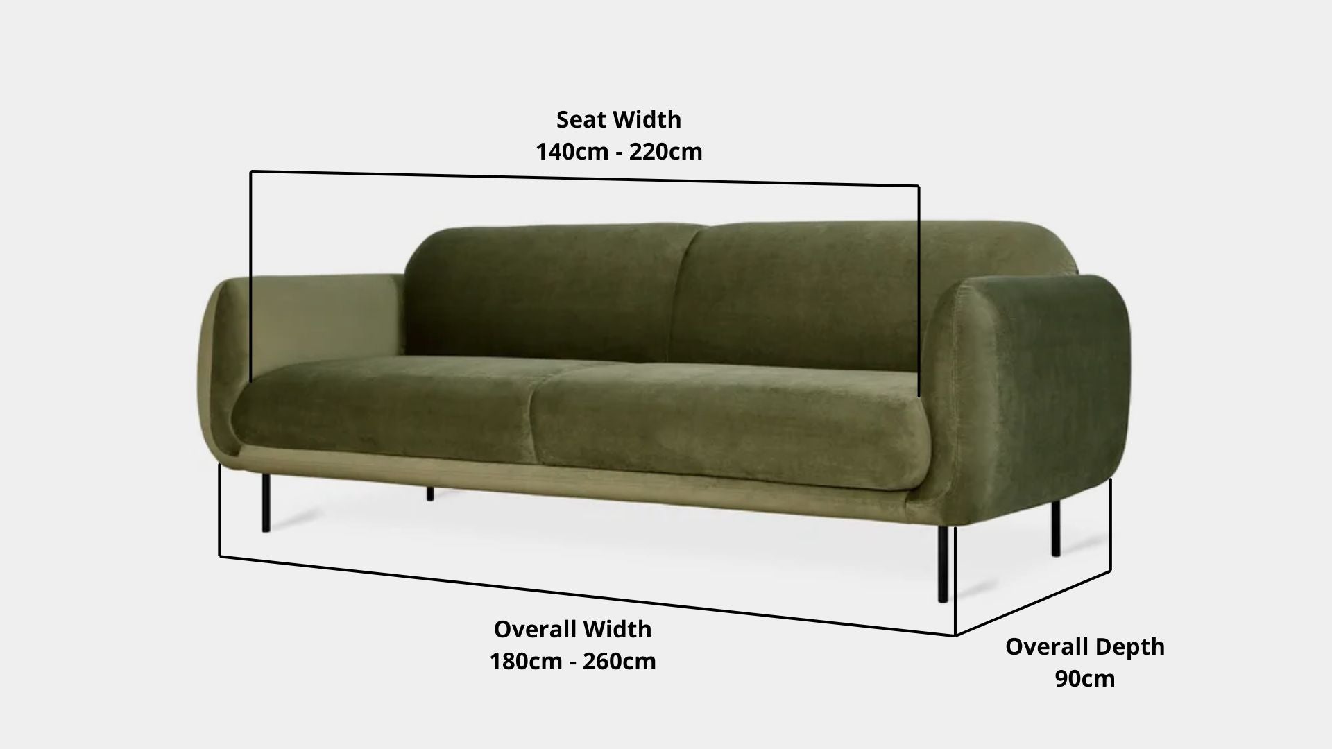 Details the key dimensions in terms of overall width, overall depth and seat width for Contour Fabric Sofa