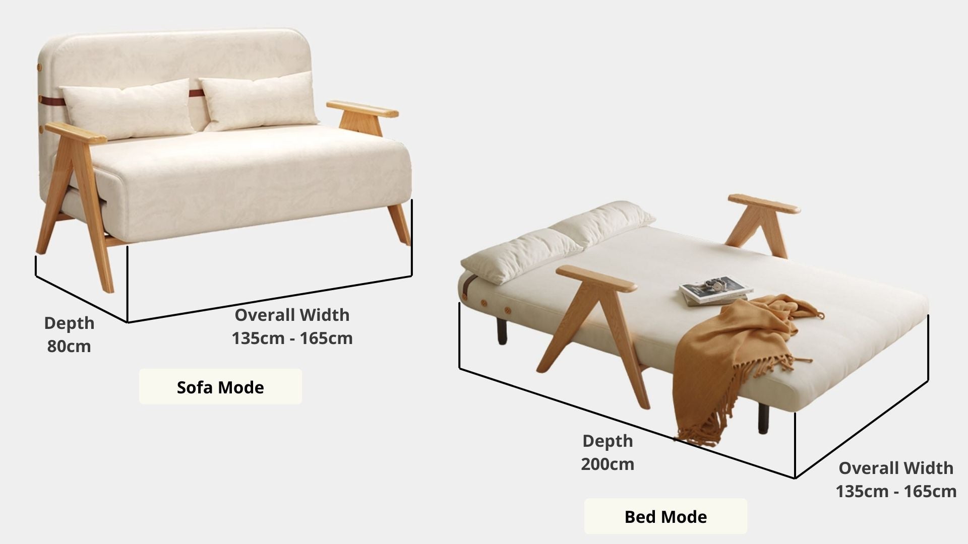 Details the key dimensions in terms of overall width, overall depth and seat width for Corona Fabric Sofa Bed