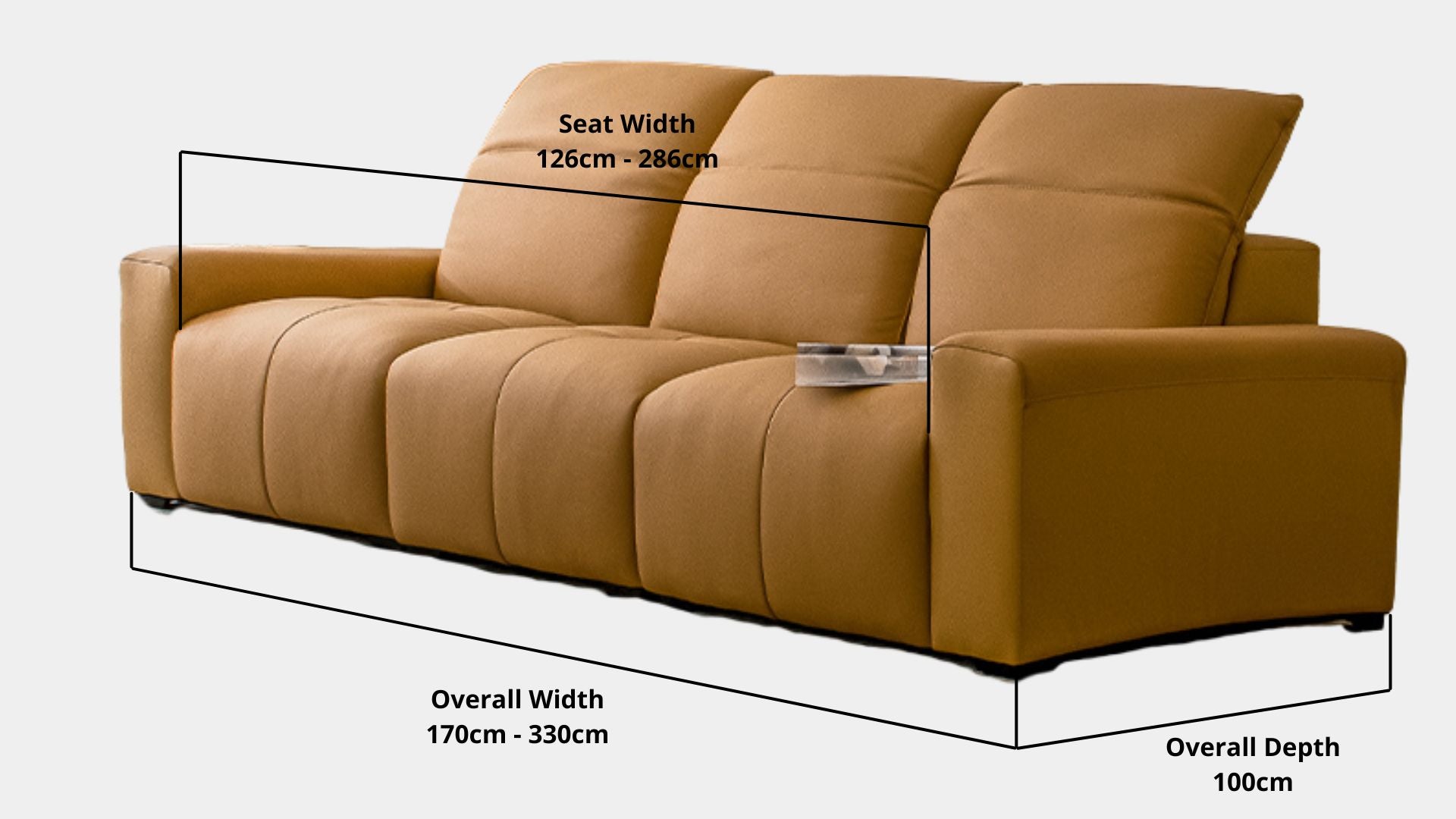 Details the key dimensions in terms of overall width, overall depth and seat width for Cove Half Leather Sofa