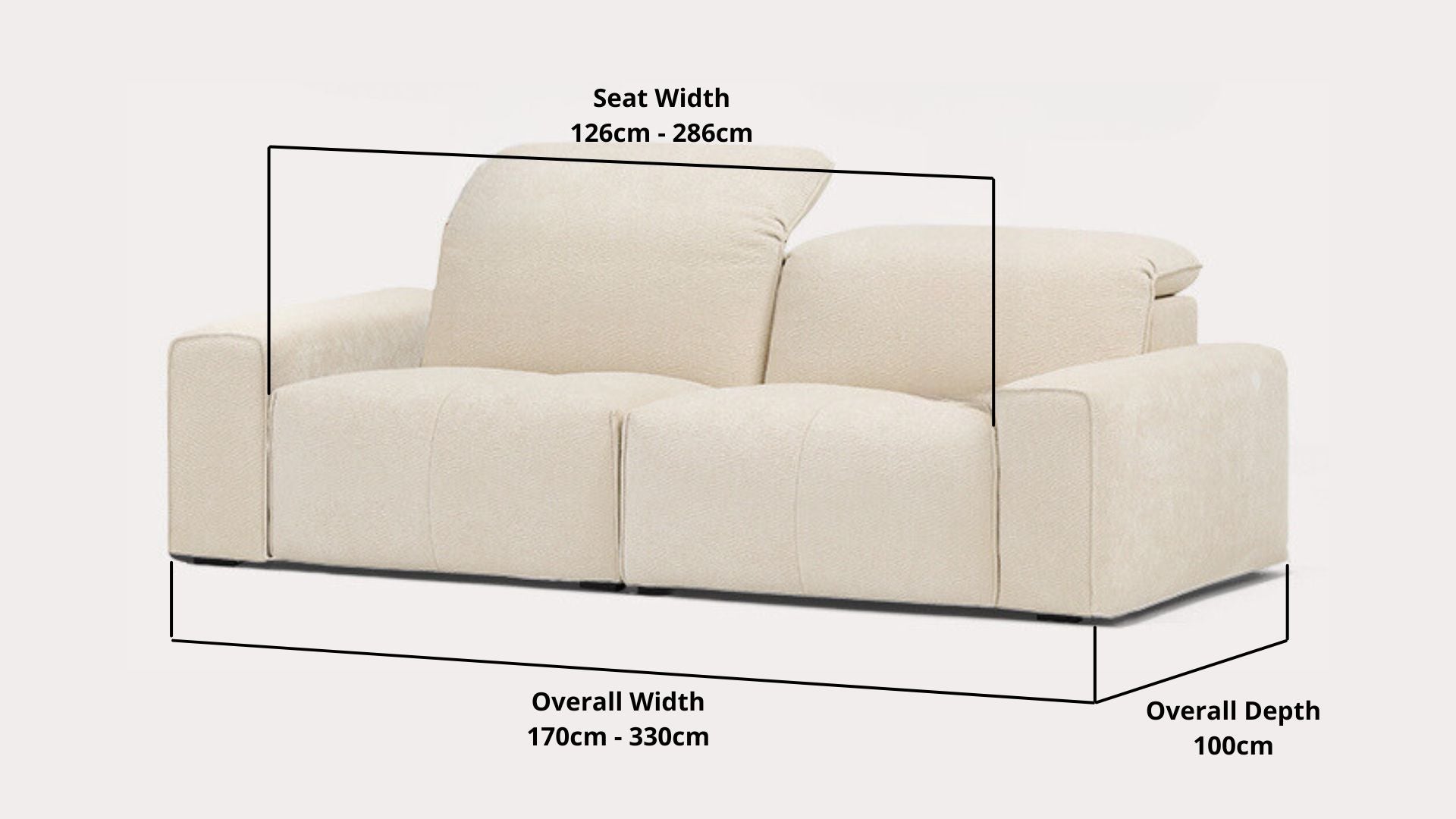 Details the key dimensions in terms of overall width, overall depth and seat width for Cove Fabric Sofa