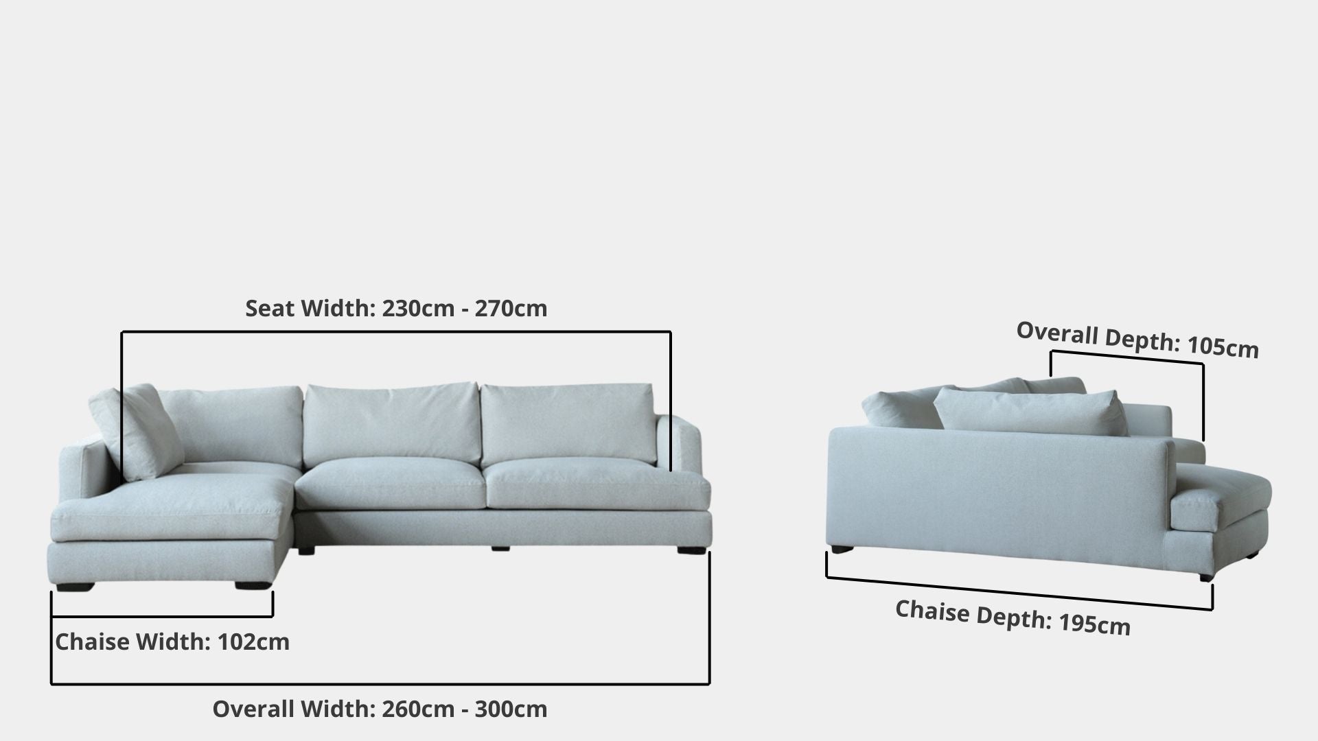 Details the key dimensions in terms of overall width, overall depth and seat width for Crescent Fabric Sectional Sofa