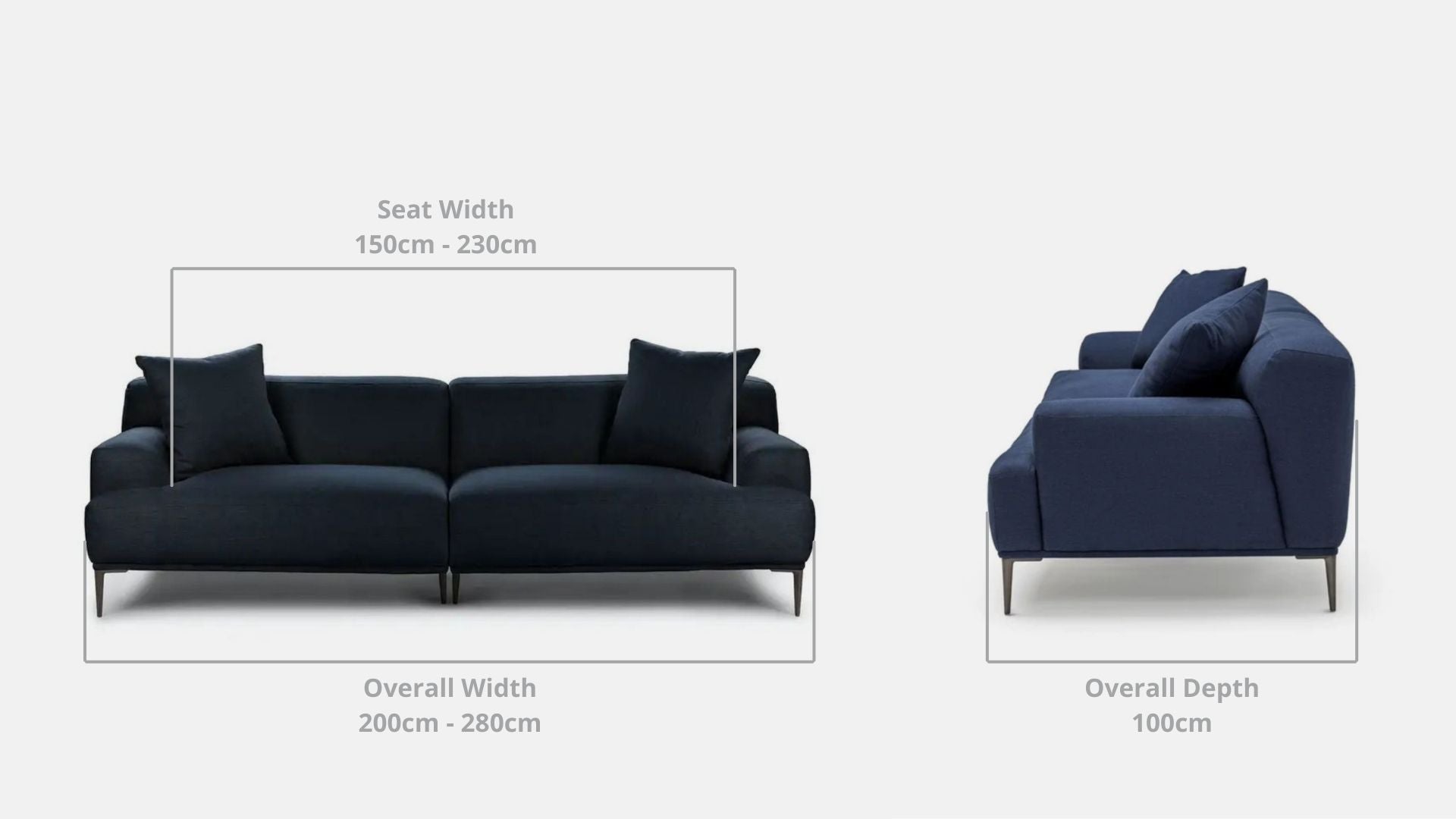 Details the key dimensions in terms of overall width, overall depth and seat width for Crystal Fabric Sofa