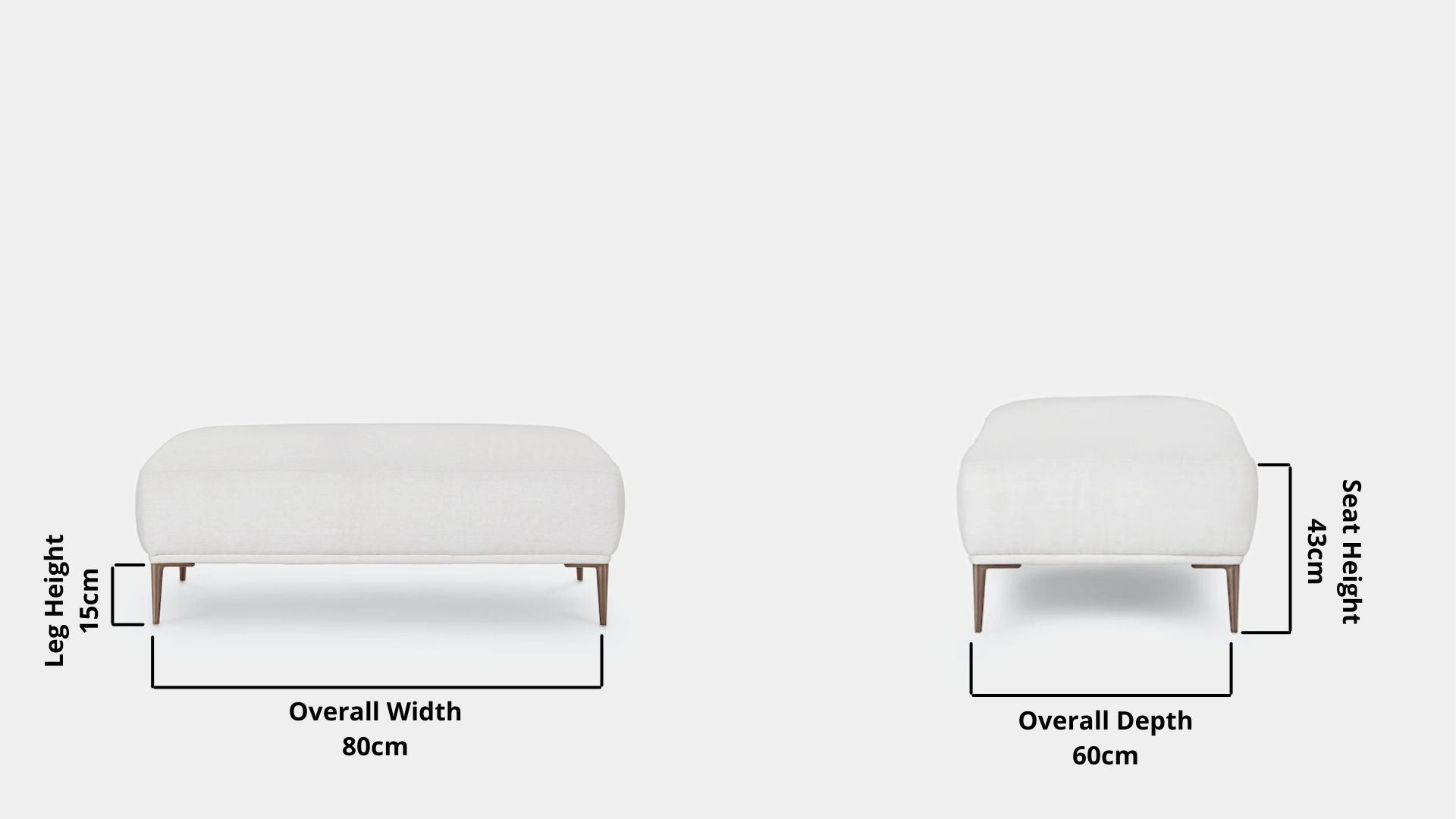 Details the key dimensions in terms of overall width, overall depth and seat width for Crystal Fabric Ottoman